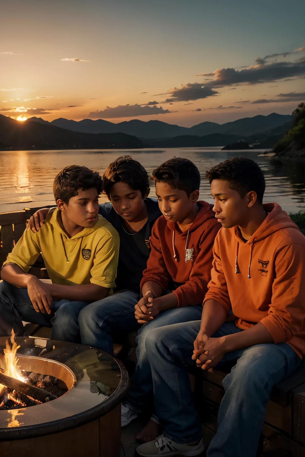 Papua new guinea group of 4 young boys sitting around the fire, mesmerized by the vivid colors of the sunset. The image is of the highest quality, with a resolution of 4k, showcasing ultra-detailed features and a realistic rendering. The boys are sitting in a circle, their whole bodies visible, wearing jeans and hoodies. One of the boys is smoking a joint, creating a sense of relaxation and leisure. The setting is created with photorealistic and hyperealistic techniques, capturing every minute detail with precision. The artwork portrays the vibrant colors of the sunset, creating a captivating scene. The lighting is warm and soft, perfectly illuminating the boys and emphasizing the dramatic effect of the sunset.