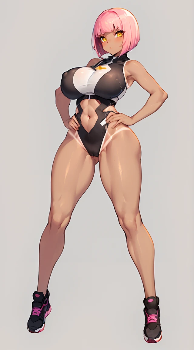 pink hair, (short bangs hair:1.36), detailed yellow eyes, narrow waist, depth of field, 1girl, (on a background:1.3), (full body:1.4), pose, big breasts, wide hips, athletic figure, ((thigh cutout:1.3):1.2), (((tanned skin))),