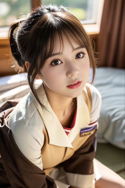 (((masterpiece))), (One beautiful Japan girl, classmates, Innocence,kawaii) ,超A high resolution, Realistic, ultra-detailliert, 8K,top-quality, Extremely detailed, Detailed background,A slender,very beautiful japanese girl, Detailed face:1.3), (poneyTail,A dark-haired :1.4), (a baby face,kawaii系,adorable 14 year old girl), (Perfect body:1.1), (Brown blazer, Light brown pleated mini skirt), waiting to be kissed,Eyes closed,Super Detailed Face、Detailed lips、A detailed eye、small gravure idol,Transparent skin、Lori,Japanese high school uniform with the school emblem on the chest,high-definition RAW color photography, professional photograpy, Extremely detailed,, amazing, finely detail, Huge file size, extremely detailed fingers, highly detailed nose, highly detail mouth, (bed), ((Full body shot)), (lie down on the bed),Perfect Anatomy, Photorealsitic, 8k full-length portraits, Photography, Perfect Skin, Warm air,Expectations and anxieties,I take off my jacket and shirt, exposing my chest and showing my shoulders..Beautiful collarbone,Gorgeous hotel rooms,Dark room,spot light