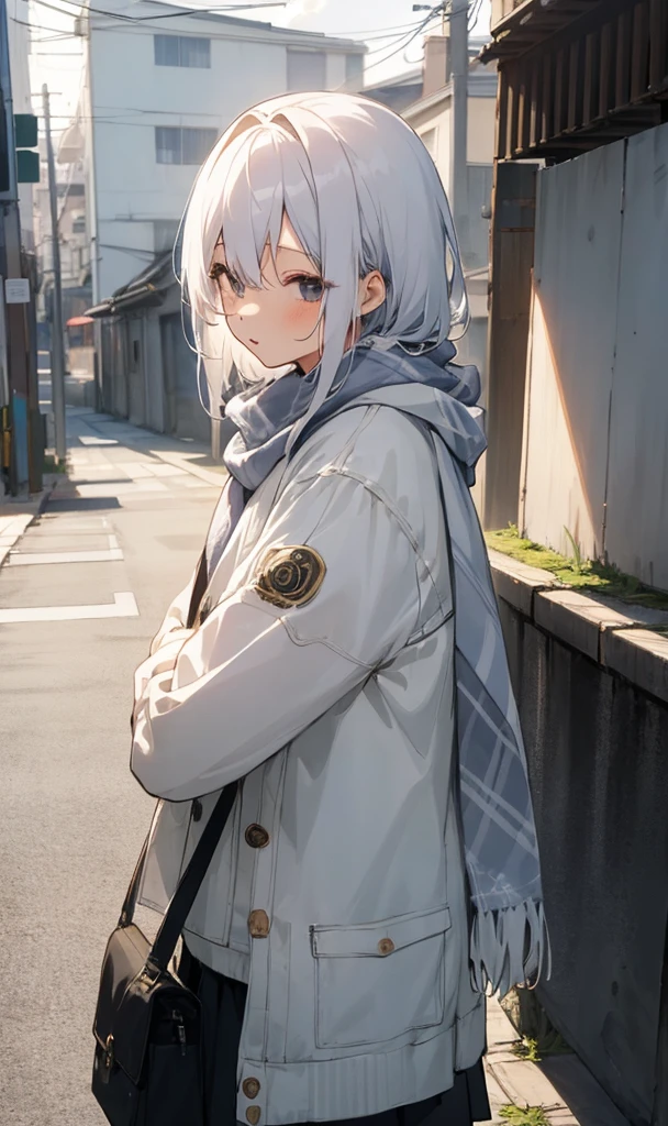 masterpiece、top-quality、女の子1人、white hair、Medium Hair、kawaii、scarf、jaket、outside of house、Street、casual,Ruins