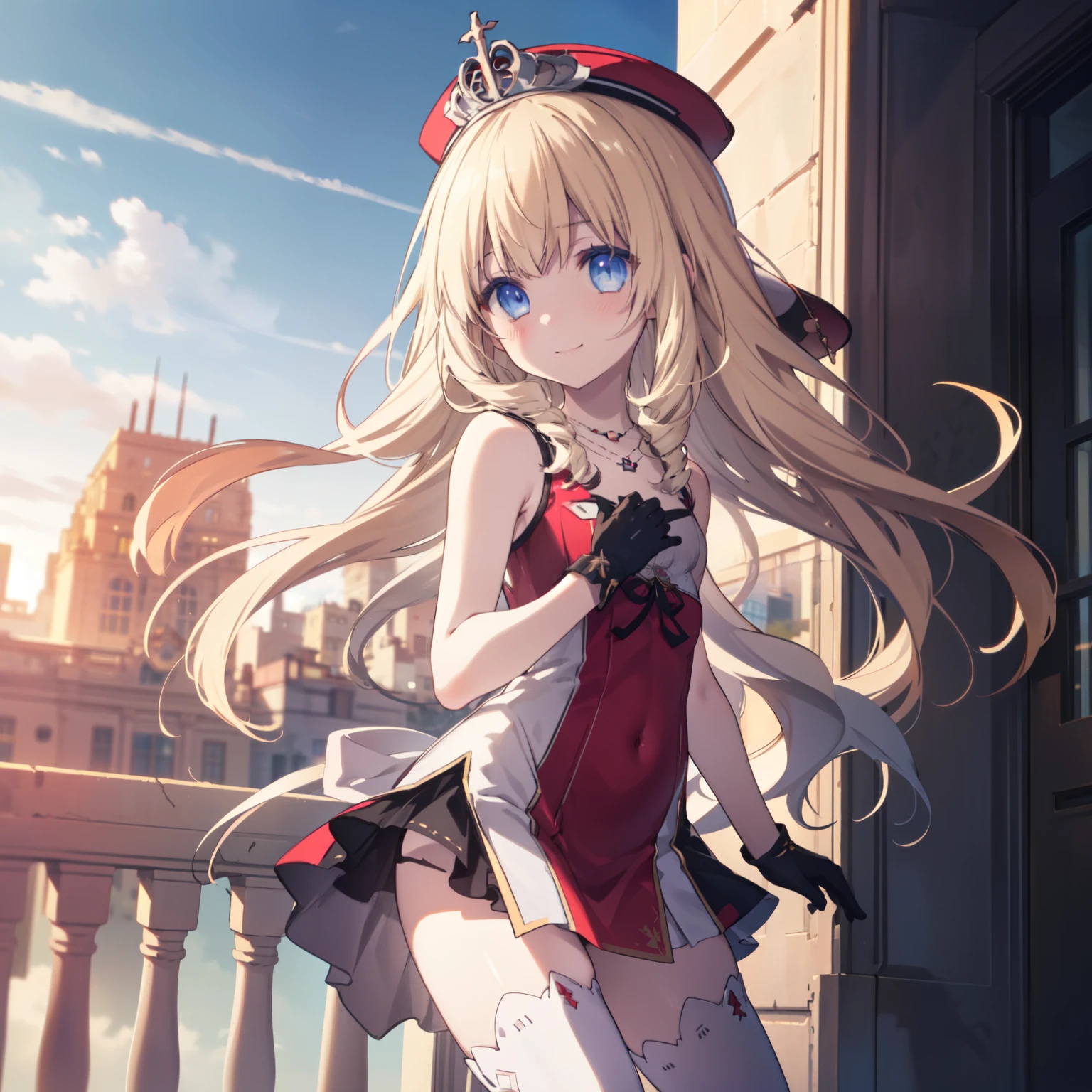 (1girl, solo), latifa fleuranza, blonde hair, drill hair, (blue eyes:1.5), long hair, very long hair, (small breast:1.2), (tiara, dress, gloves, hat, red gloves, sleeveless, sleeveless dress, thigh boots, thighhighs,dress, gloves, hat, red gloves, sleeveless, sleeveless dress, thigh boots, thighhighs, necklace,) looking at viewer, smile, blush, day, outdoors, sky, cloud, (masterpiece:1.2), best quality, high resolution, unity 8k wallpaper, (illustration:1.5), anime style, (beautiful detailed eyes:1.6), extremely detailed face, perfect lighting, extremely detailed CG, (perfect hands, perfect anatomy), (dynamic pose, dynamic angle:1.1),