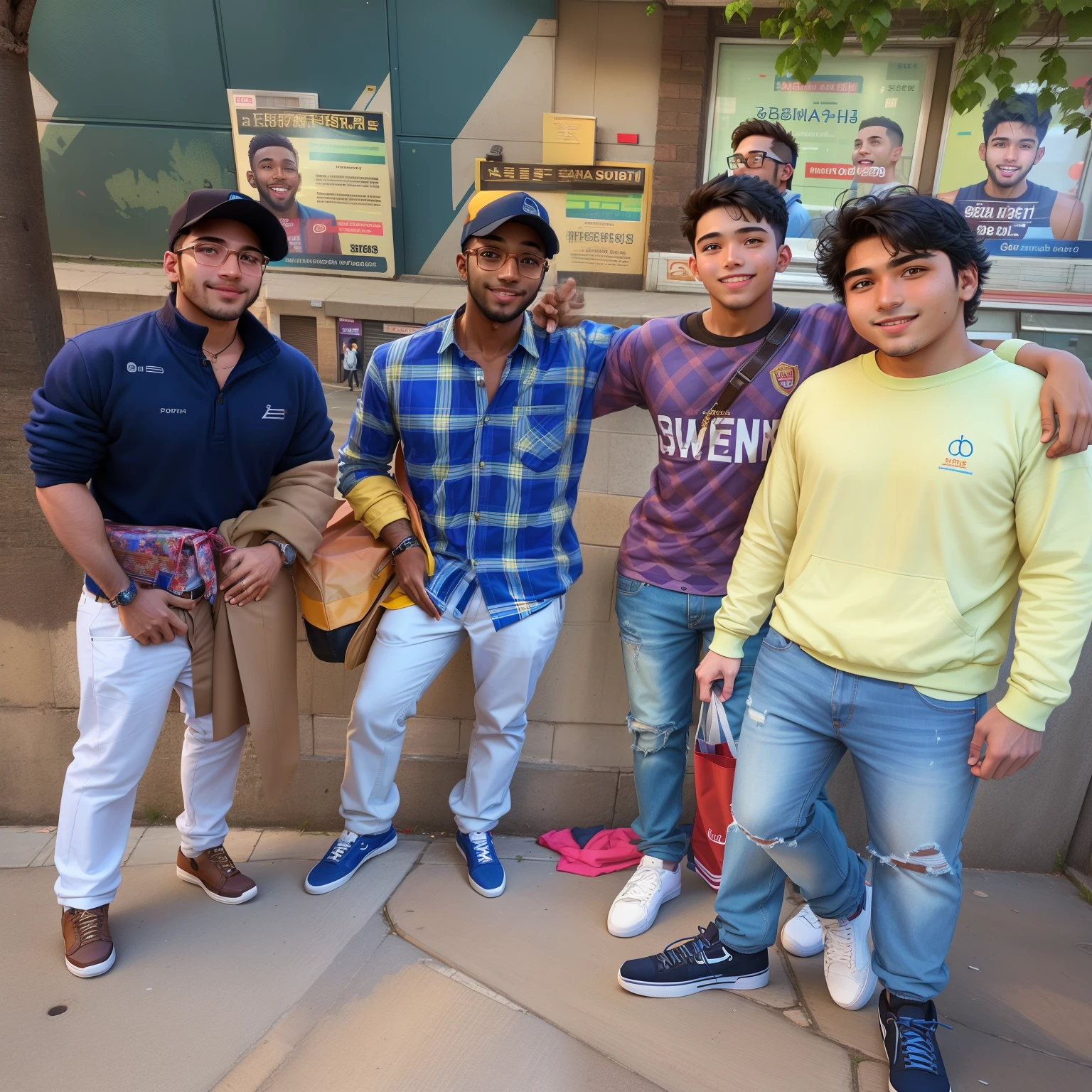 three men standing next to each other in front of a building, candid picture, in city street, in group photograph, cute boys, college students, candid photo, edited, candid shot, gang, standing in township street, candid, while smiling for a photograph, graphical, posing for a picture, at a city street, stylish pose, candid photograph, in modern era