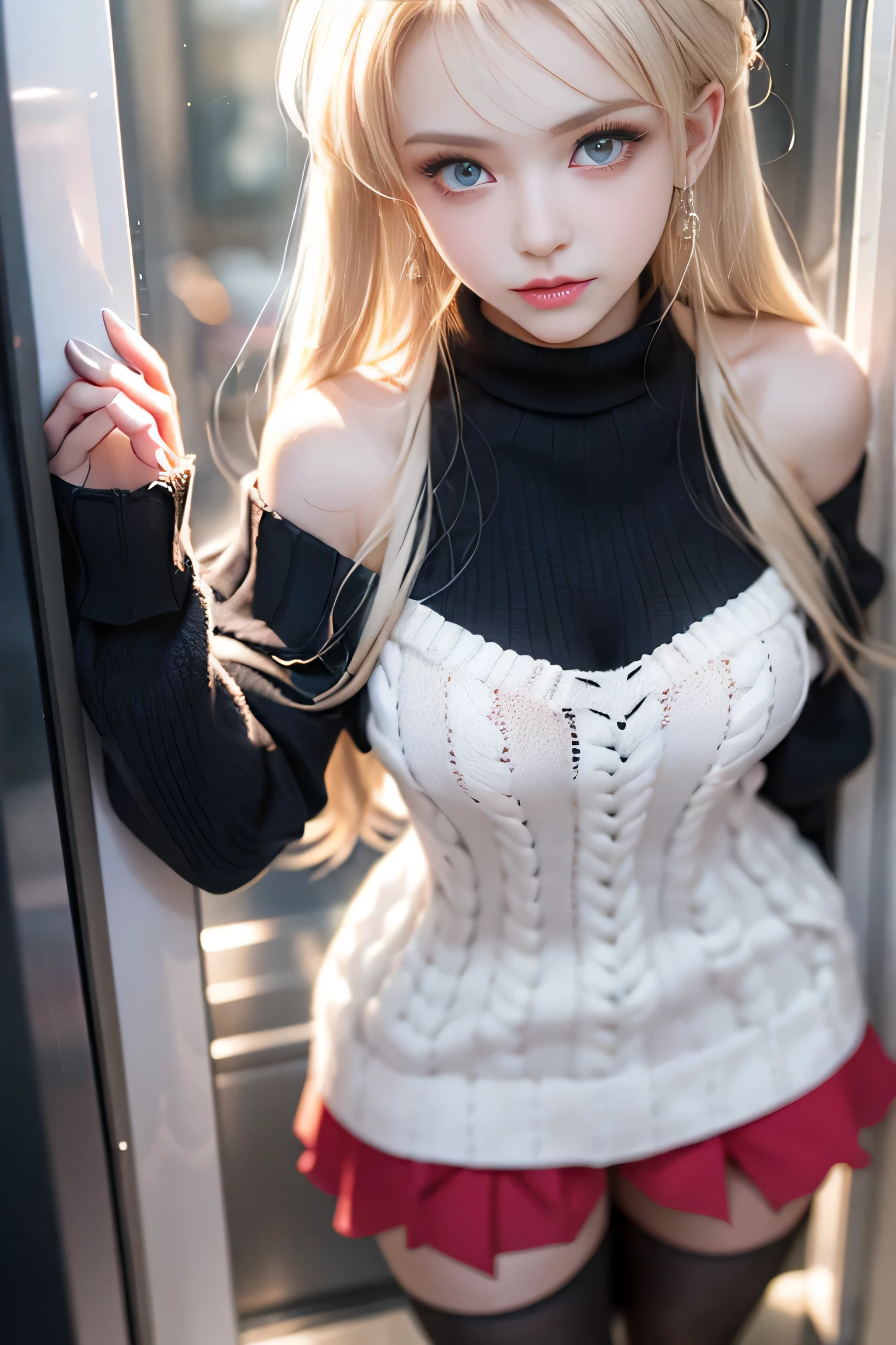 ((Girl standing near train door)),bright expression、Young shiny shiny white shiny skin、Best Look Rondo Reflective Light、Platinum blonde hair with dazzling highlights、shiny light hair,、Super long silky straight hair、Beautiful bangs that shine、Glowing crystal clear attractive big blue eyes、Very beautiful nice cute 16 year old girl、Lush bust,Beautiful detailed eyes, beautiful detailed nose,(( Full Body Angle:1.5)),Makeup that the eyes emphasize、Royal style，Comic style, , Sub-surface scattering, ornate detail, nature backdrop, Supergianthugebreasts, ((Cinematic)), Dramatic Lighting, masutepiece、((Off-shoulder white hand-knitted short sweater:1.4))、((Black Leather Tight Mini Skirt)), ((Black leather knee high boots high heel type)）、(White lace panties are visible)1 girl in、Ultra realistic 8K CG, 絵のようにflawlessな顔, flawless, clean, masutepiece, Professional artwork, famousartwork, Perfect face, Beautiful face, beautiful lawless female body)), Solo,(Immersive atmosphere, Chiaroscuro:1.5,Bright light:1.2,Luminous lighting),(blush:0.5),fascinated expression,Extremely detailed, Full Body Angle, (ambient lights:1.3),(Cinematic composition:1.3),(Neon light:0.1),(nffsw:0.1),((Outside the window, Hazy skyscrapers))