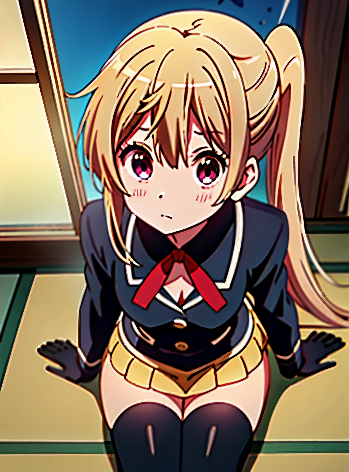 Anime girl with long blonde hair and a black top and red tie - SeaArt AI