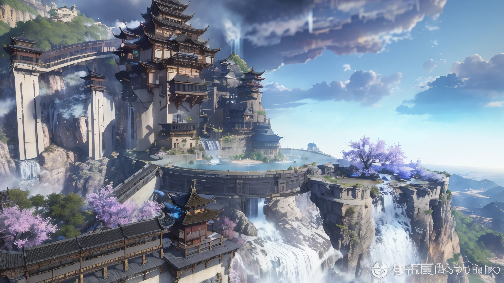 French-German landscape with a building and waterfall on a cliff, Cyberpunk ancient Chinese castle, 美丽的唐朝rendering, dojo on a mountain,, cgartists, G Liulian art style, Stunning details in Unreal Engine 6, Popular topics on cgstation, heise jinyao, The is very detailed, akihiko yoshida. unreal-engine((tmasterpiece)), (((Better quality))), ((ultra - detailed)), ((Combined with CG 8K extreme details )), (8K, RAW photos, Better quality, tmasterpiece: 1.2), (rendering: 1.4), A Chinese fantasy building,