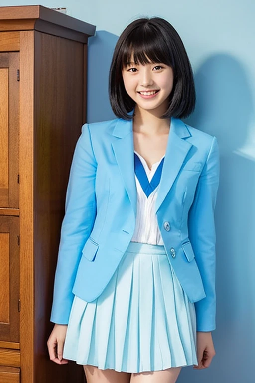 top-quality、masterpiece、real 18 year old woman、(toppless)、(I don't wear cut shirts)、Wearing a light blue blazer、light blue mini pleated skirt、The background is a cute room、Semi-long with black hair、a smile、hight resolution、