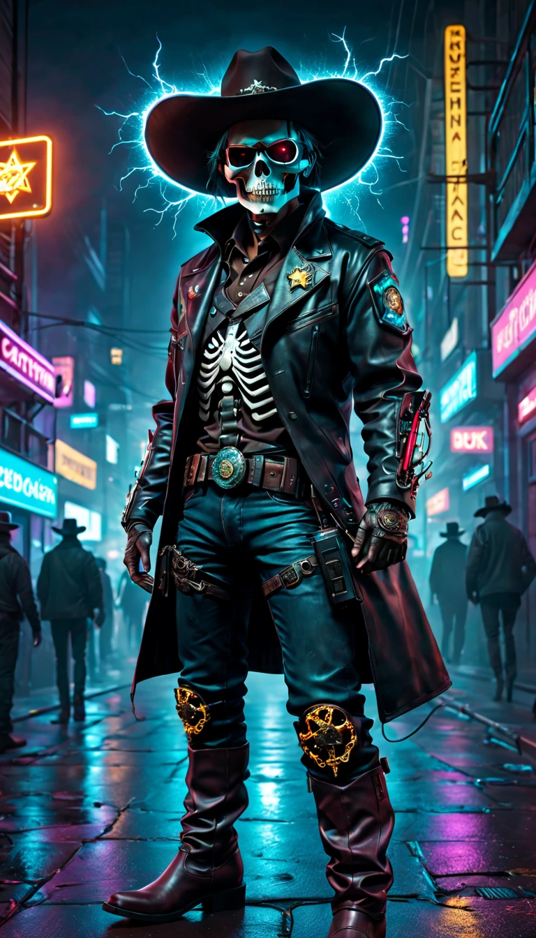 Cyberpunk cyborg,Sheriff,skeleton head,metalictexture,cowboy hat,Cockade,Neon brim,Retro-Future,vibrant with colors,electric sparks,Dystopian cityscape,Network enhancement,glowing light eyes,jaqueta de couro,cowboy boots,high - tech,wires and cables,nighttime scene,Mixed reality。(Best quality at best,4K,8K,A high resolution,tmasterpiece:1.2),ultra - detailed,(actual,photoactual,photo-actual:1.37),
