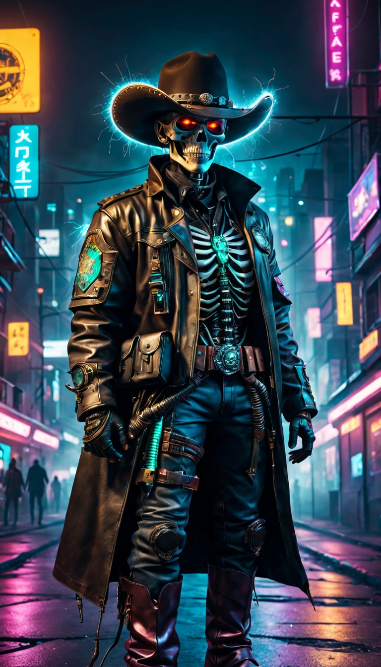 Cyberpunk cyborg,Sheriff,skeleton head,metalictexture,cowboy hat,Cockade,Neon brim,Retro-Future,vibrant with colors,electric sparks,Dystopian cityscape,Network enhancement,glowing light eyes,jaqueta de couro,cowboy boots,high-tech weapon,wires and cables,nighttime scene,Mixed reality。(Best quality at best,4K,8K,A high resolution,tmasterpiece:1.2),ultra - detailed,(actual,photoactual,photo-actual:1.37),
