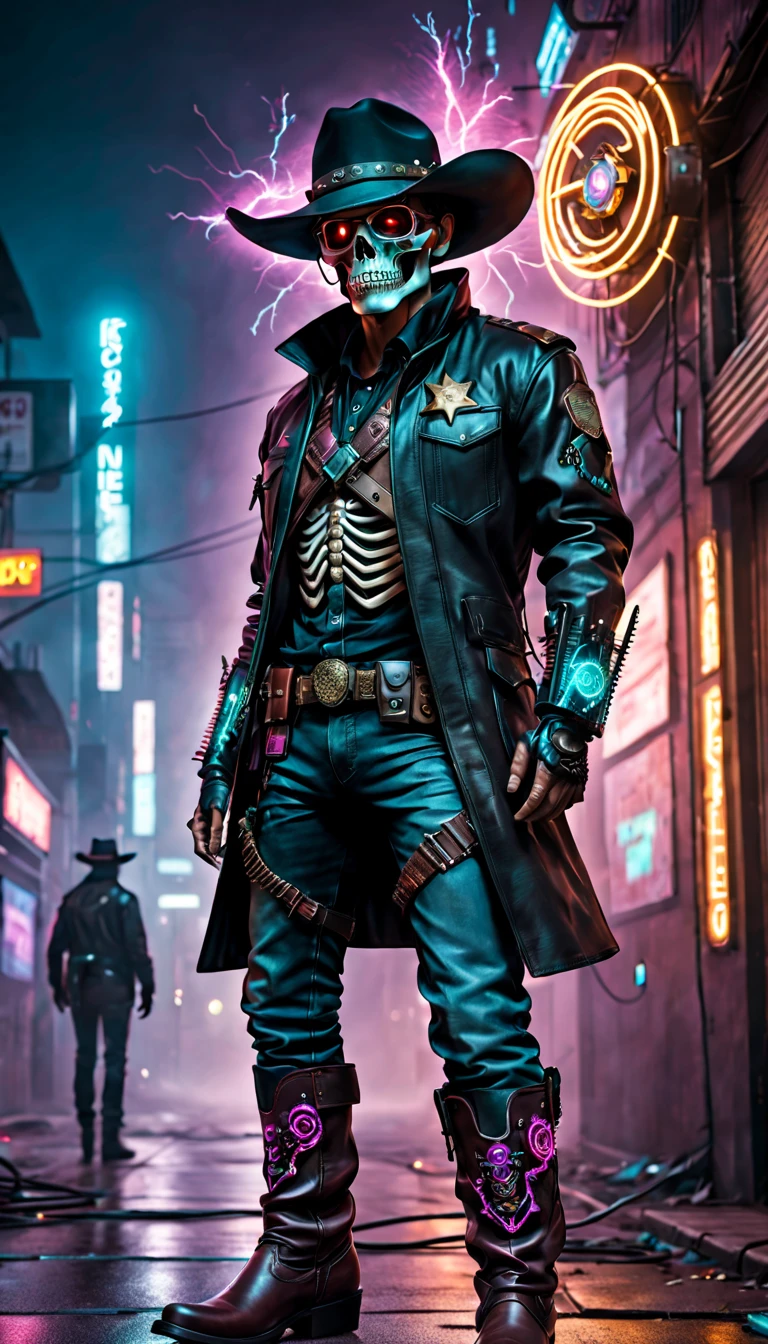 Cyberpunk cyborg，Sheriff，skeleton head，metalictexture，cowboy hat，Cockade，Neon brim，Retro-Future，vibrant with colors，electric sparks，Dystopian cityscape，Network enhancement，glowing light eyes，jaqueta de couro，cowboy boots，high-tech weapon，wires and cables，nighttime scene，Mixed reality。(Best quality at best,4K,8K,A high resolution,tmasterpiece:1.2),ultra - detailed,(actual,photoactual,photo-actual:1.37),