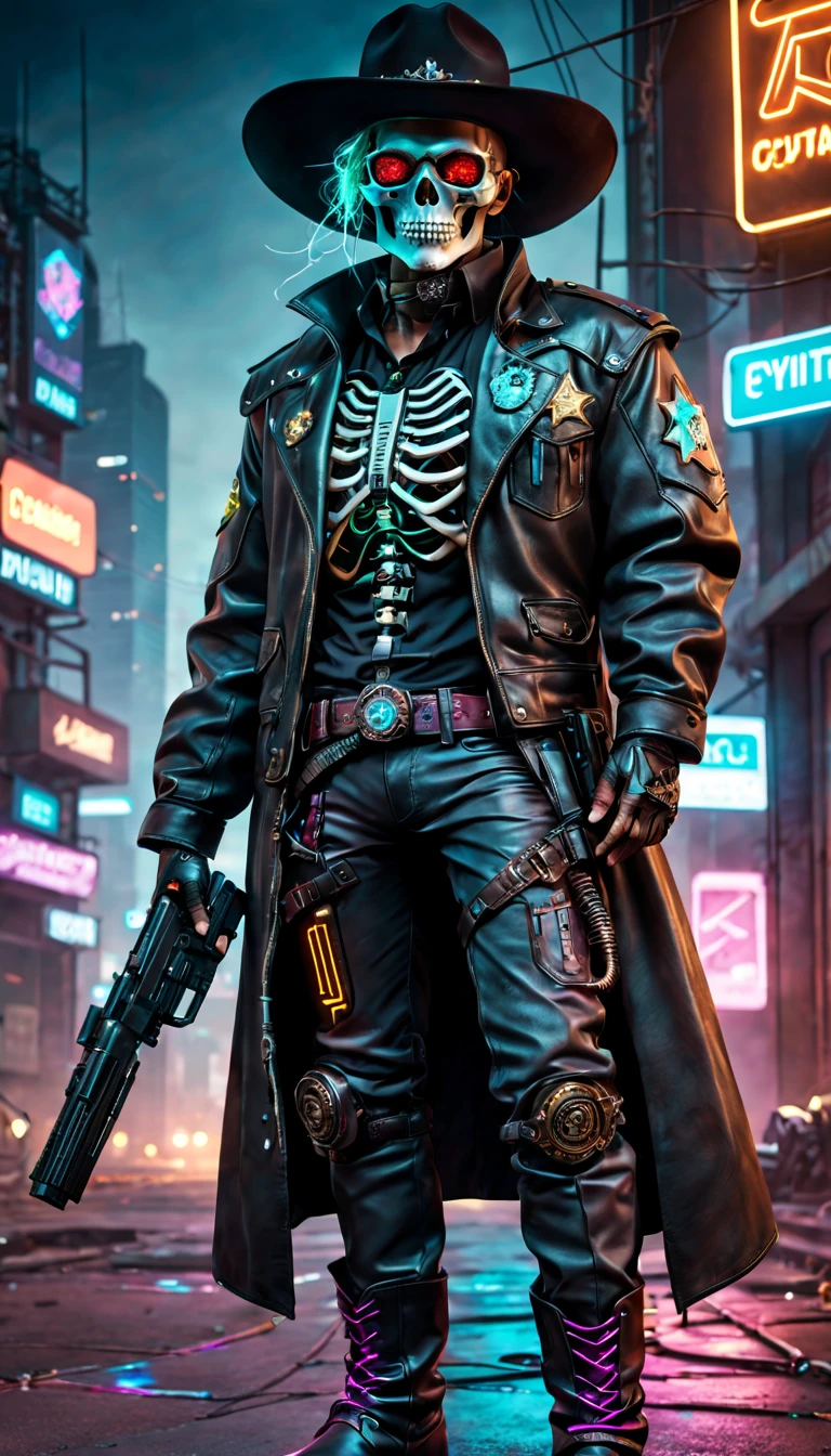 Cyberpunk cyborg，Sheriff，skeleton head，metalictexture，cowboy hat，Cockade，Neon brim，Retro-Future，vibrant with colors，electric sparks，Dystopian cityscape，Network enhancement，glowing light eyes，jaqueta de couro，cowboy boots，high-tech weapon，wires and cables，nighttime scene，Mixed reality。(Best quality at best,4K,8K,A high resolution,tmasterpiece:1.2),ultra - detailed,(actual,photoactual,photo-actual:1.37),