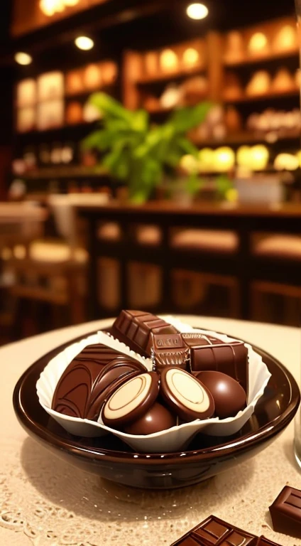 There is a wonderful selection of chocolates with different fillings on the table.., there is a transparent glass of tea next to it, a lot of details