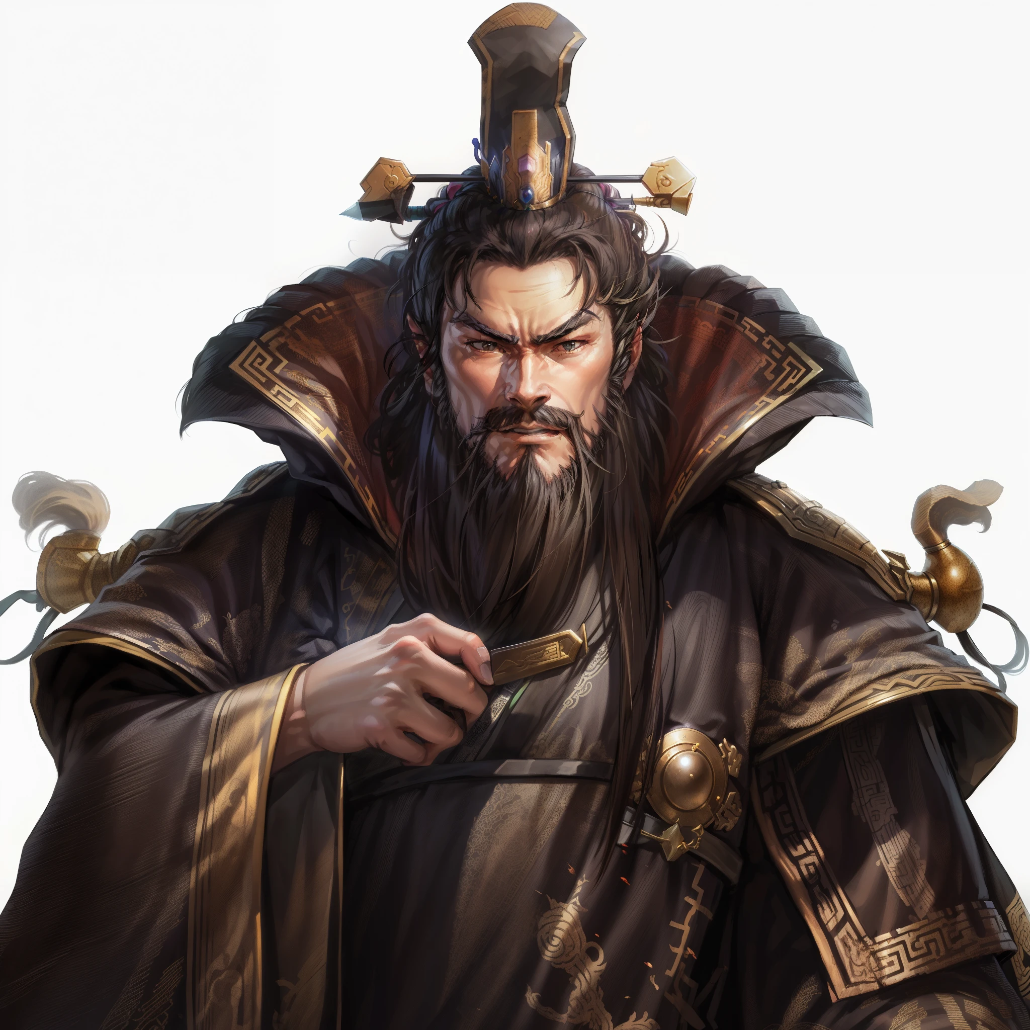 Warring States period，Qin Shi Huang， dark brown hair and thick beard. He is wearing a dark-haired coat，brown shirt，. He has an emerald hairpin, Handsome face，Hold the glass in your hand，