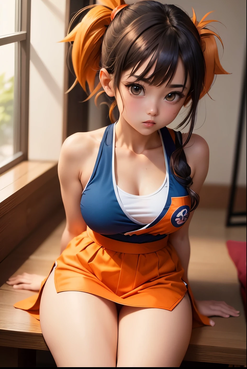 A 12-year-old Asian girl ，Black hair and red eyes，Wearing short double ponytails，The skin is slightly dark，Sitting alone on the bed， Wearing Japanese track and field uniform ，shy expression, blush and smile, big breasts（Develop very early），Realistic，masterpiece。