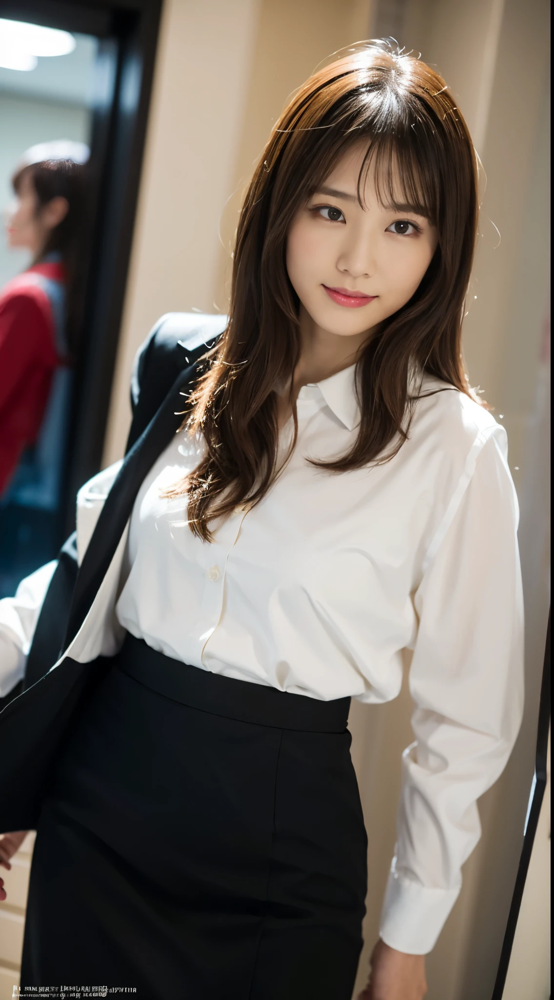 ultra best quality、in 8K、masuter piece、Professionally taken photos,masterpiece,Japan at 25 years old ,The best smile,Looking away,Flashy makeup with red eyeshadow,Officelady,Medium chest,Slender body,Black Office Lady Suit(skirt type)、vertically curled brown hair、eye glass、Change clothes in the changing room、