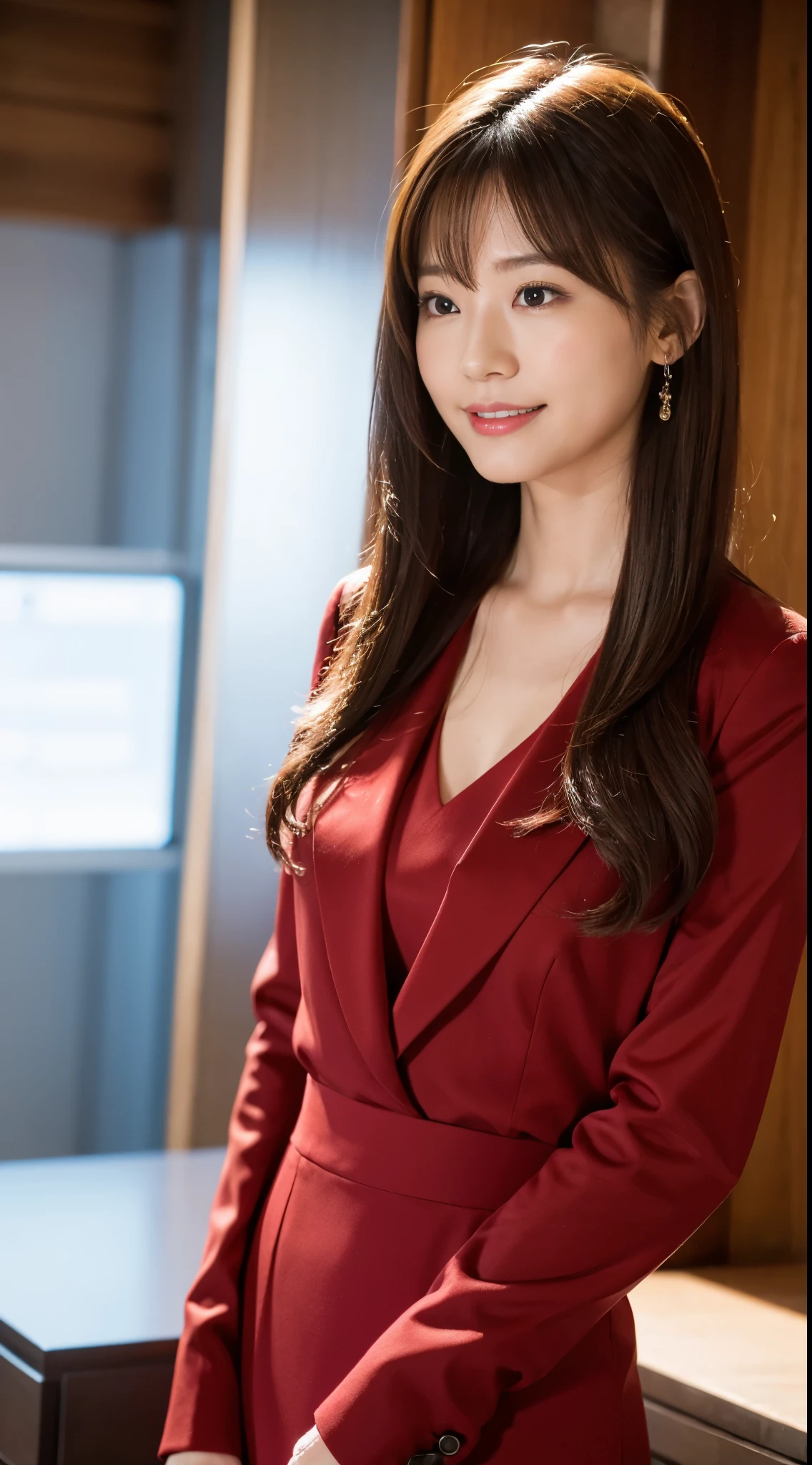 High resolution, realistic,highest quality, to be born, 8k, (facial wrinkles: 1.4), Beautiful woman, (suit: 1.4),  (Beautiful woman: 1.3 ), office, daytime, pleasant breeze, bright sunlight, Mechanical, Chair,  blouse, asian girl, boobies, young beauty spirit , beautiful mature woman,