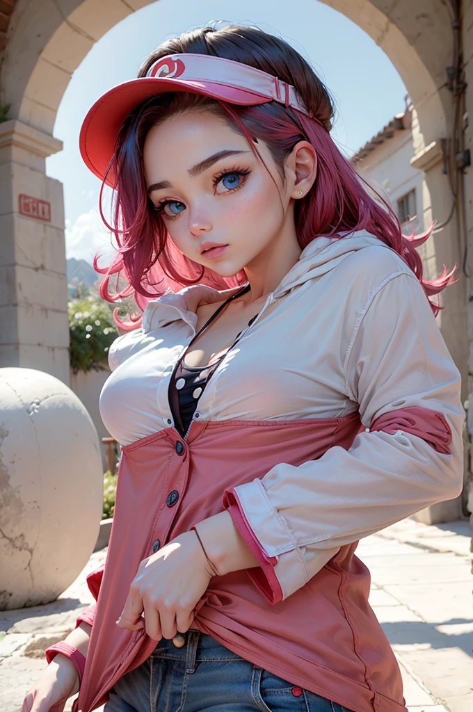 Obra maestra, La mejor calidad, Altas Resoluciones, Serena (Pokémon), pelo corto, ojos azules, 1girl, solamente, Cinta azul, lashes, Cinta para el cuello, sin mangas, flequillo, 鎖骨, Brazos desnudos, vestido rosa , abrigo rojo, white fondo, frente, Sin paisaje, Mirando al espectador,Parte superior del cuerpo, Visor de cara, solid color fondo, clean fondo, in front of camera, High resolution, rostro tranquilo e inexpresivo, Fondo trasero blanco, Mirando hacia otro lado, sencillo_fondo