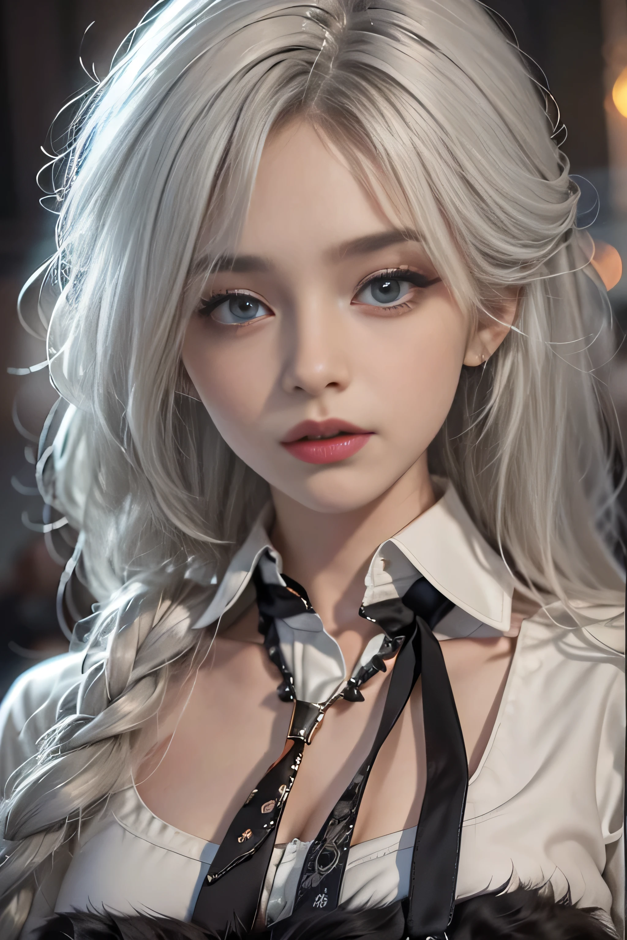 Photorealistic, High resolution, 1 Women, Solo, hips up high, Beautiful eyes, Close lips, Detailed face, White hair, Long hair, Collared shirt, black necktie,Black skirt, pencil skirts, Fur coat, Black stockings