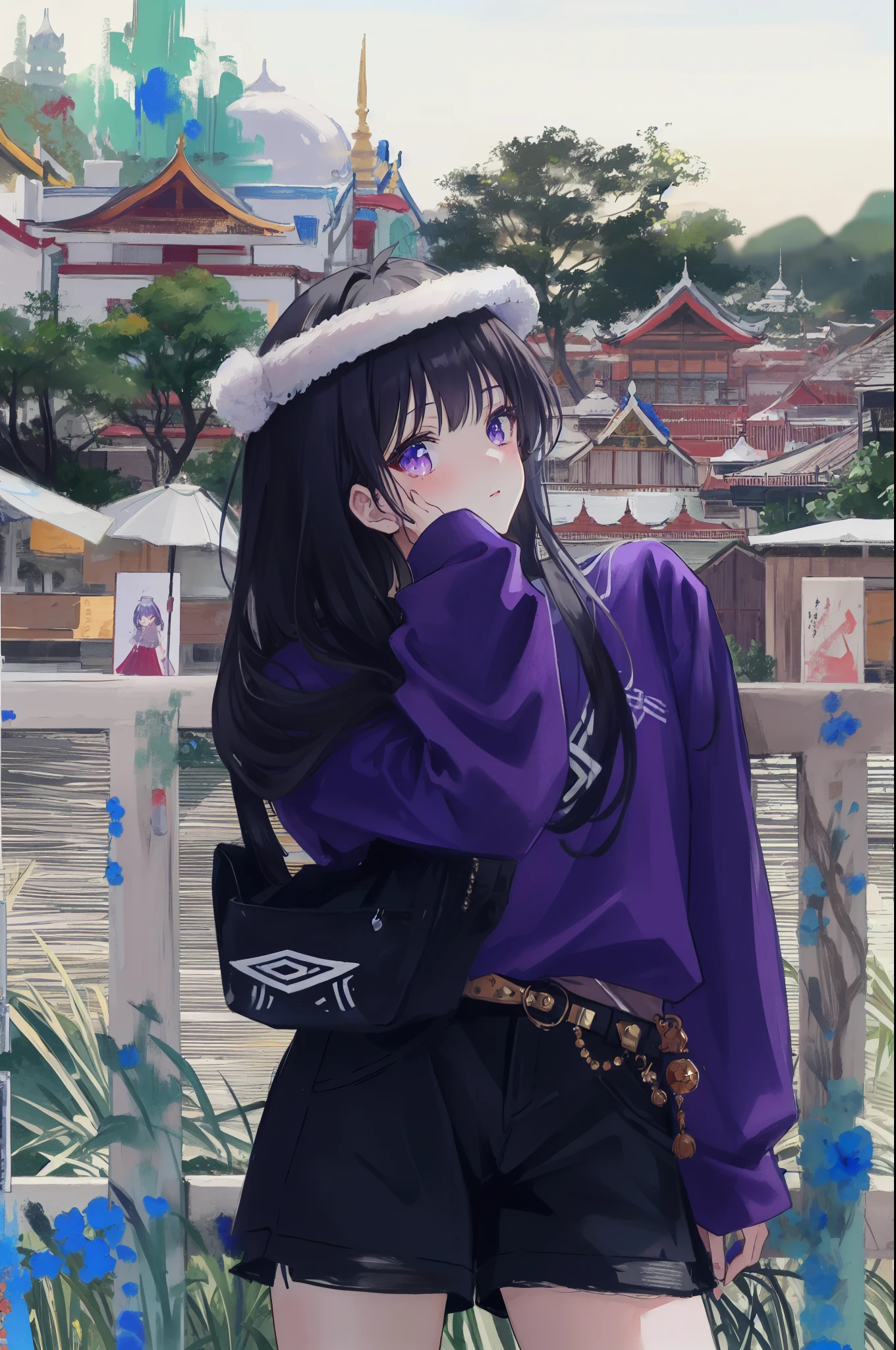 (painting:1.3), (blurry:1.3), (blurry drawing:1.3), (black long hair:1.1), araffe girl in a purple shirt and black shorts posing for a picture, ruan cute vtuber, profile pic, ulzzang, casual pose, lalisa manobal, bae suzy, anime thai girl, dressed with long fluent clothes, profile picture 1024px, purple outfit, background is heavenly, xintong chen