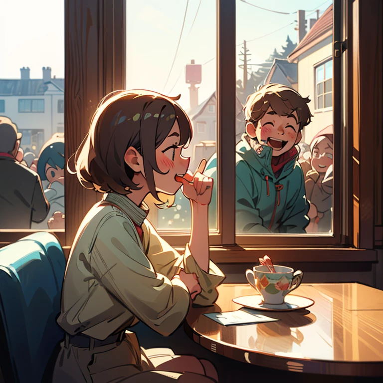 (masterpiece, illustration, best quality, cute style, feel good style, father-daughter theme), daughter celebrates Christmas and laughing wildly friends in home, sitting beside the window, her father spying on her from the window, candid shot, side profile