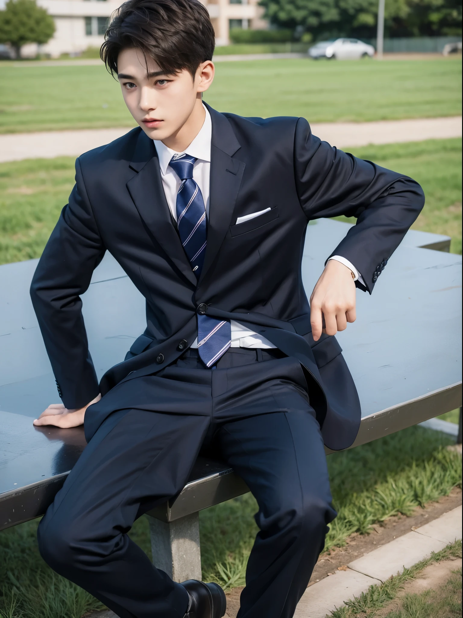 boy, 17 y.o, handsome, suit, tie, school field