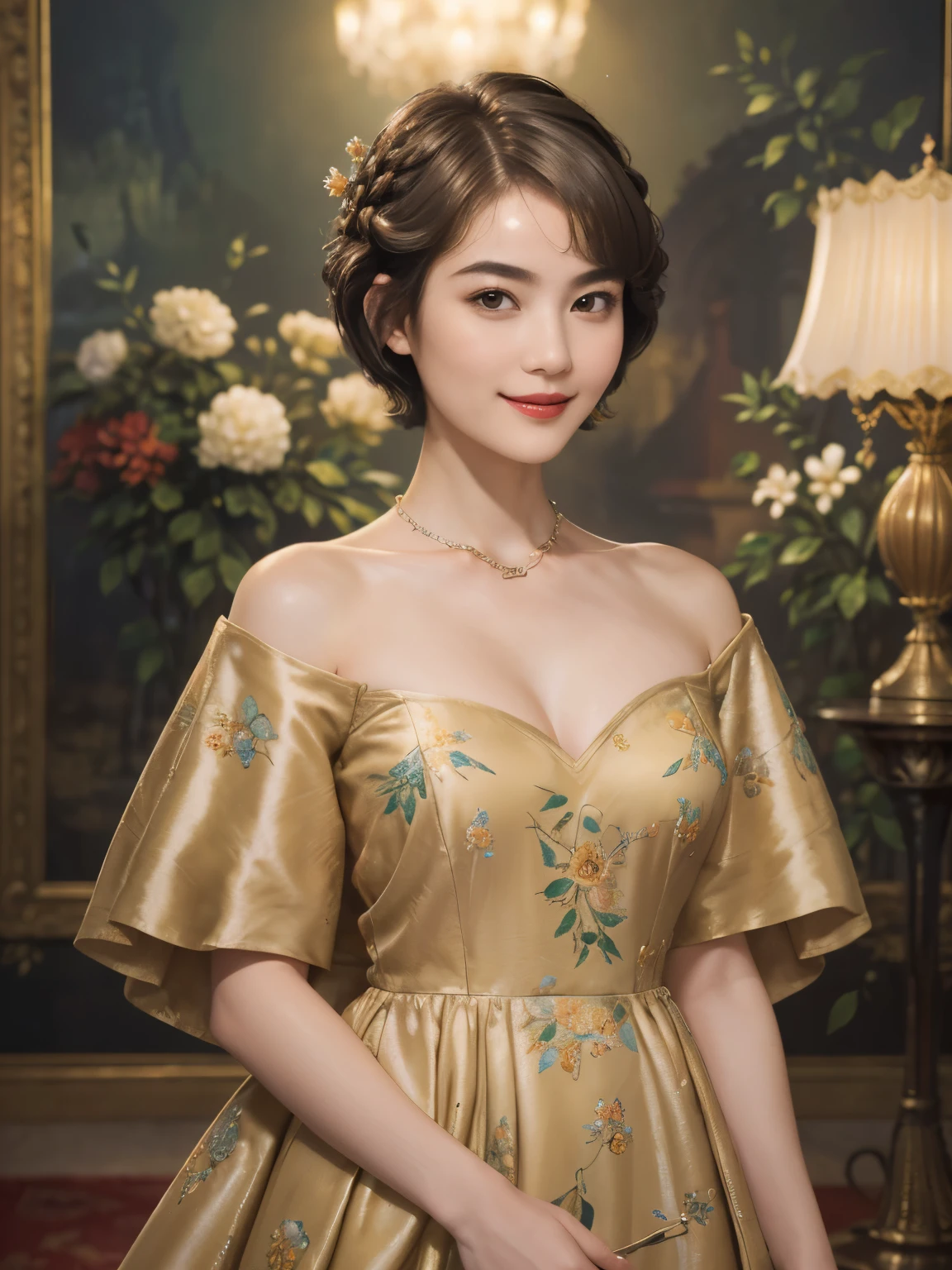 141
(a 20 yo woman,in the palace), (A hyper-realistic), (high-level image quality), ((beautiful hairstyle 46)), ((short-hair:1.46)), (kindly smile), (breasted:1.1), (lipsticks), (is wearing dress), (murky,wide,Luxurious room), (florals), (an oil painting、Rembrandt)