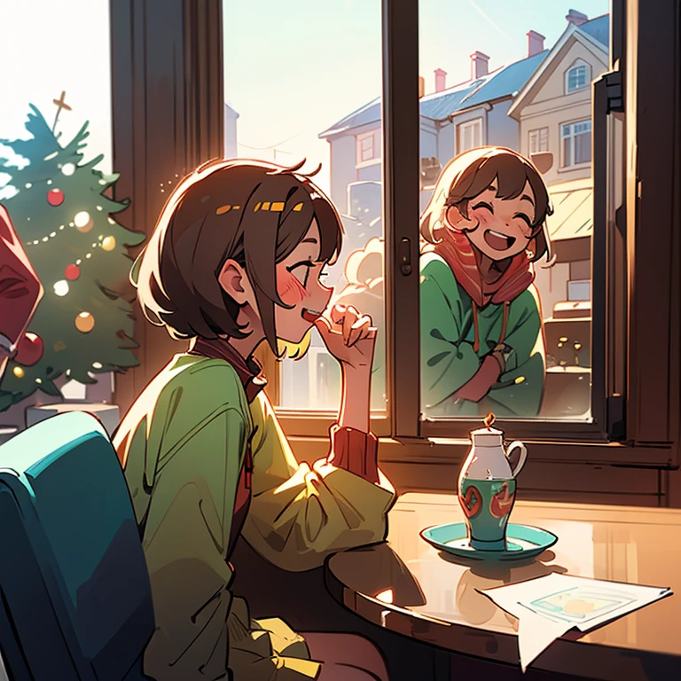 (masterpiece, illustration, best quality, cute style, feel good style, father-daughter theme), daughter celebrates Christmas and laughing wildly friends in home, sitting beside the window, her father spying on her from the window, candid shot, side profile