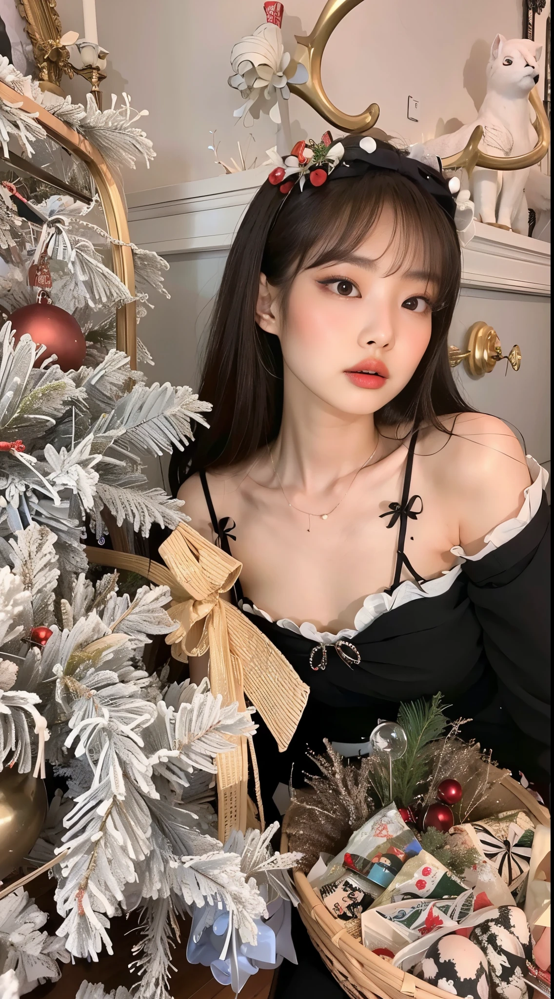 araffe woman in a black dress holding a basket of christmas decorations, Ulzzang, Mulher sul-coreana bonita, Sakimichan, menina coreana, Heonhwa Choe, Lalisa Manobal, Jinyoung Canela, linda mulher coreana jovem, 🤤 retrato da menina, mulher coreana jovem bonita, Yoshitomo Nara, Cai Xukun