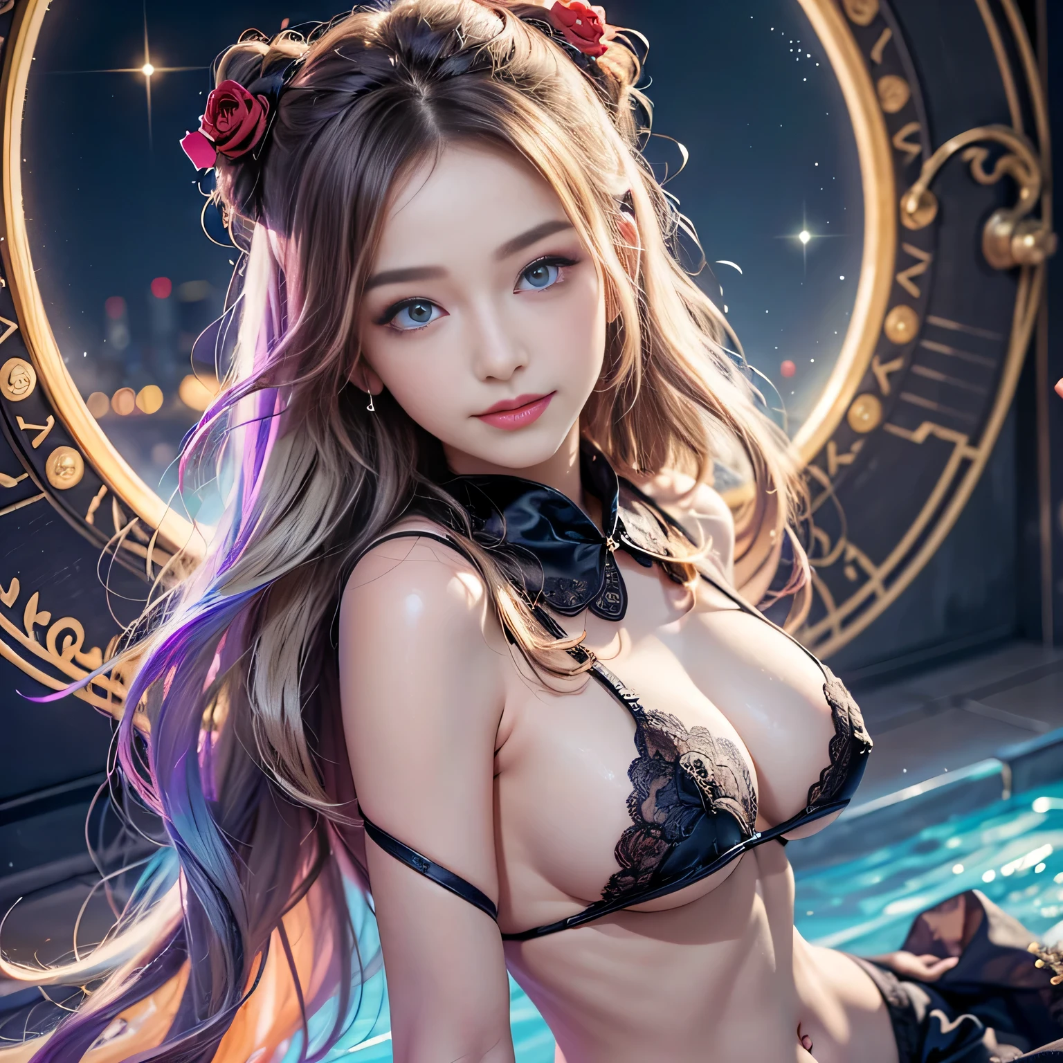 Blonde gray hair, Straight hair, Spread hair, Long hair, PUPILS SPARKLING, long eyelashes, Blue eyes, makeup, Smile, Color Field Painting, Contemporary art, Northern Renaissance, Blurred, blending, From under the breasts, from chest to armpits, the panorama, ultra wide-angle, Wide Angle, F/1.8, 135 mm, canon, nffsw, retinas, masutepiece, Elaborate, Anatomically correct, Skin Texture, Super Detail, high detailing, High quality, hight resolution, 1080p, hard disk, 4K, 8K, top-qualityの,  Sexy Pose (Neon lights of skyscrapers glitter in the background),(Black lace panties)(top-quality)、 (​masterpiece)、(影の少ないプロフェッショナルなilluminating)、 (超realisitic)、 (perfect anatomia)、 (In front of the camera、There are two women、1girl showing breasts, Asan, And the girl who shows her forehead、And moles under the eyes), ( Choppy.3), (Bright and even whitening skin without wrinkles and steps:1.5), (Beautiful blue eyes with long eyelashes and red tear bags:1.5)、 (Although her costume is naked, Only sailor collars are worn as small pieces of cloth:1.5), (Two people are surrounded by flowers, 誇らしげにIn front of the cameraで胸を突き出します:1.2), (Another person on the other side、arch your back and look back, (One hand behind the head, A beautiful face is a beautiful smile with lowered eyebrows), opened breast、Very beautiful breasts、sexual excitement、 expressions、shinny skin。realisitic、Photorealsitic:1.37)、(Kpop Idol)、dishevled hair、Medium Hair、(Pink blush)、(illuminating)、(独奏)、dynamicposes、((The erection、(((((underboob)))))、Lower breast、Oily skin、skinny、 (tome&#39;tome&#39;tome&#39;tome&#39;It&#39;s sexy if you can see a little of the bottom of your breasts.....)、(目に見えるLower breast、I can see your belly button and ribs)、Hip bones and lower abdomen are visible