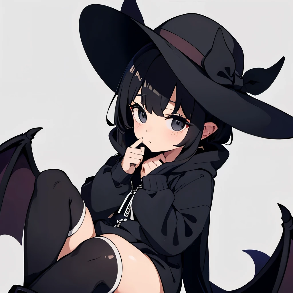 14years、girl with、wide brimmed hat、Black eyes、black hoodie dress、Black long socks、Black platform boots、14m devil wings、no devil horns、Human ear