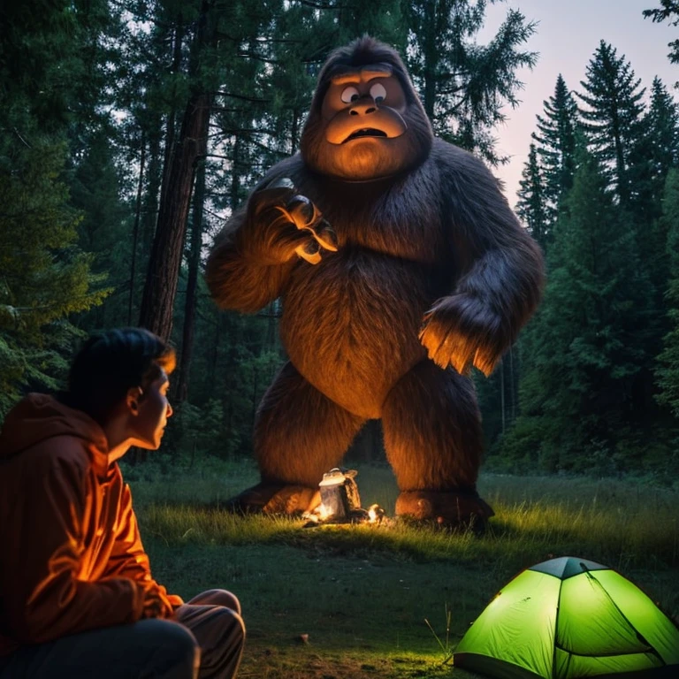 A family camping sees a large Bigfoot, a legendary creature, near a river in the middle of the night.。Bigfoot is glaring at his family with a very scary expression on his face.。The family members look very scared and frightened.。