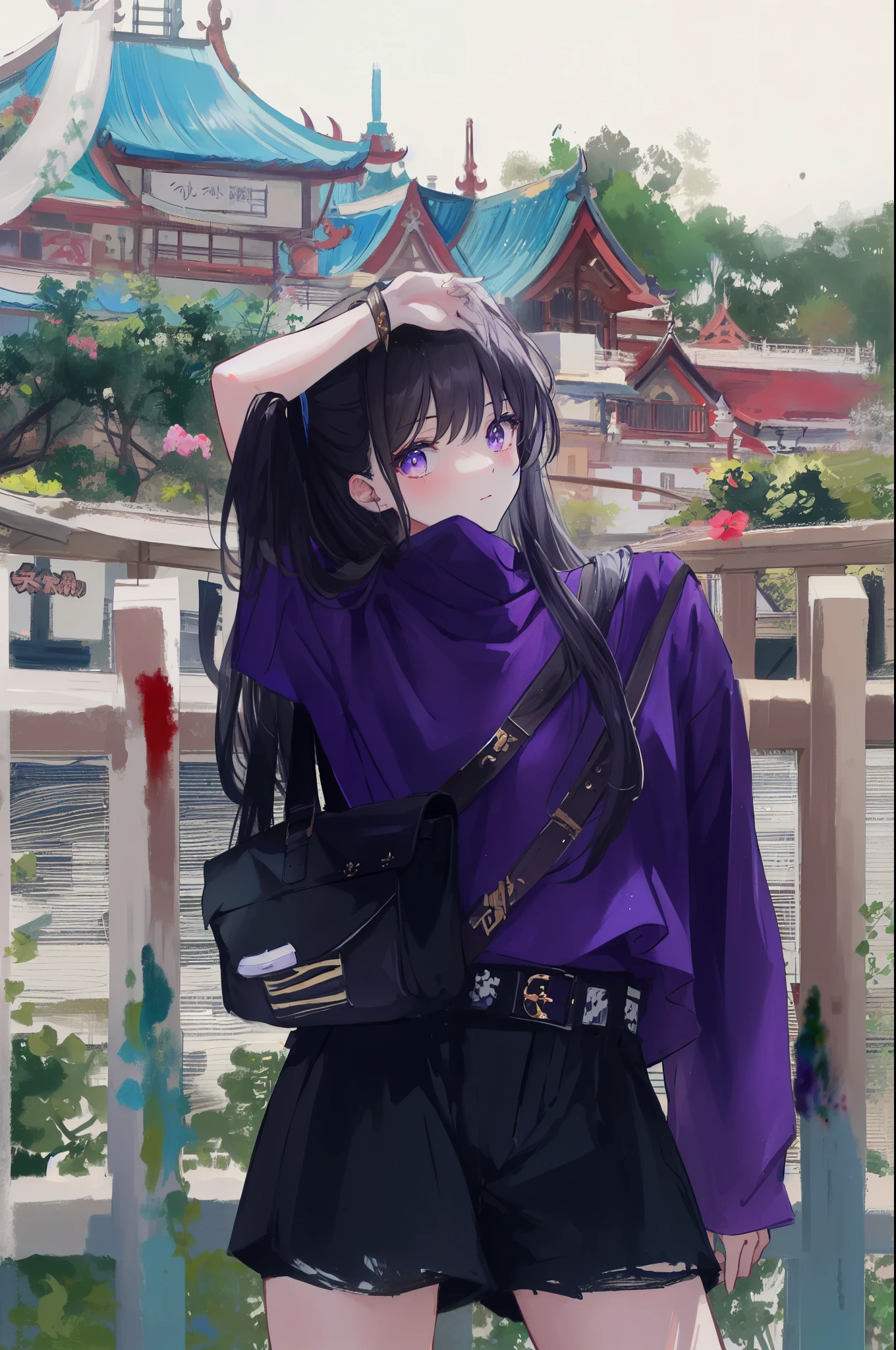 (painting:1.3), (blurry:1.3), (blurry drawing:1.3), (black long hair:1.1), araffe girl in a purple shirt and black shorts posing for a picture, ruan cute vtuber, profile pic, ulzzang, casual pose, lalisa manobal, bae suzy, anime thai girl, dressed with long fluent clothes, profile picture 1024px, purple outfit, background is heavenly, xintong chen