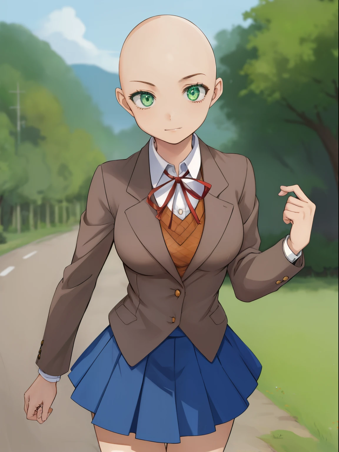 2d, masterpiece, best quality, anime, highly detailed, cowboy shot, 1girl, solo, monika, green eyes, bald, bald heads, (bald:1.0), no hair, blazer, brown sweater, collared shirt, neck ribbon, blue skirt, standing, looking at viewer, outdoor, day