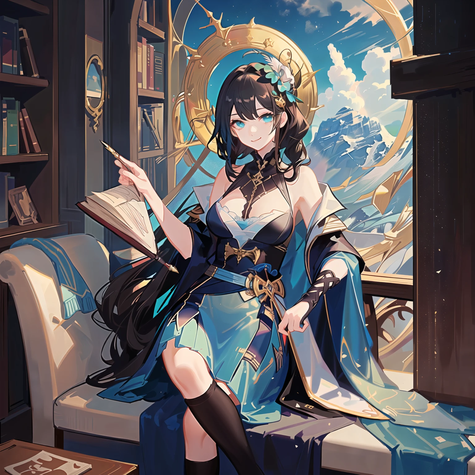 (the golden ratio:1.2),[(with black background:1.4)::10],(tmasterpiece), (Best quality at best), (ultra - detailed),(ldisheveled hair),(illustratio),(1 girl:1.3),Alone,younger female,,Brown hair,shiny very short hair,crossed bangs,grinning smile,(traveling poet costume)+(Fantasy cyan quill pen:1.3) En plein air,((废墟:1.2)),,(Sporty body:1.2),(Sit in a big chair，Put your feet on the long wooden table:1.2)+(A mountain of magic books:1.3)+[(Inception:1.2)]