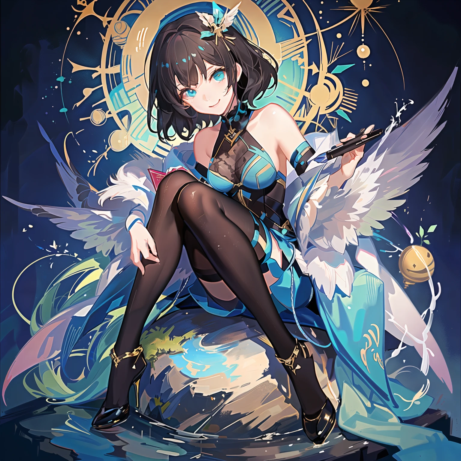 (the golden ratio:1.2),[(with black background:1.4)::10],(tmasterpiece), (Best quality at best), (ultra - detailed),(ldisheveled hair),(illustratio),(1 girl:1.3),Alone,younger female,,Brown hair,shiny very short hair,crossed bangs,grinning smile,(traveling poet costume)+(Fantasy cyan quill pen:1.3) En plein air,((废墟:1.2)),,(Sporty body:1.2),(Sit in a big chair，Put your feet on the long wooden table:1.2)+(A mountain of magic books:1.3)+[(Inception:1.2)]
