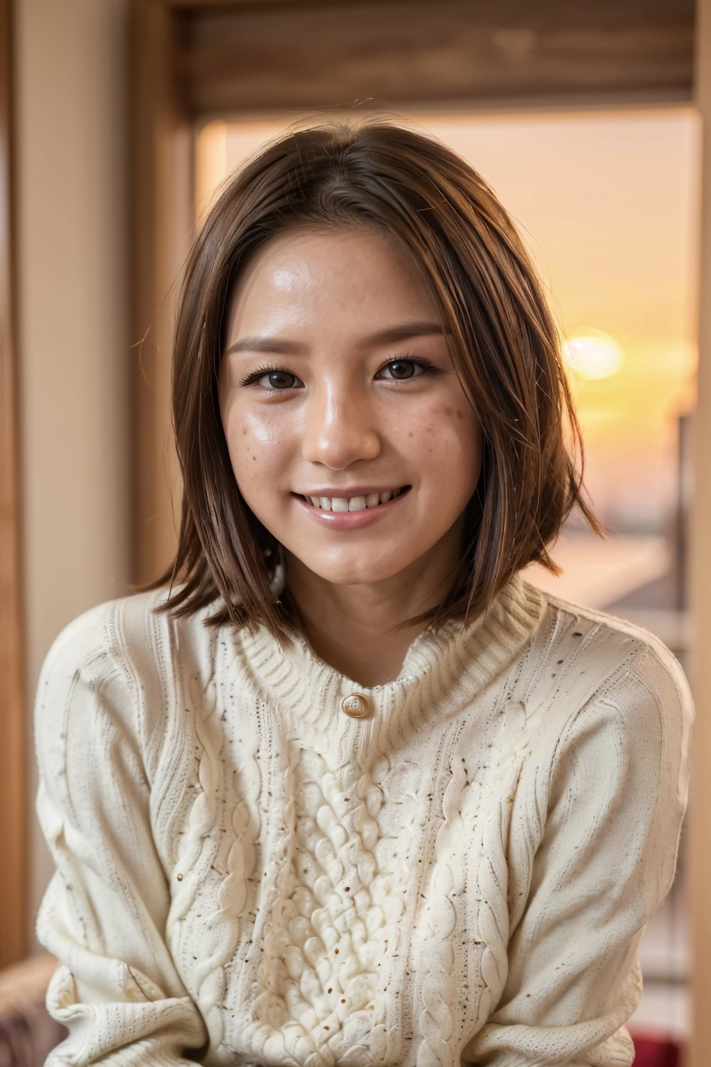 Best quality at best, 超k hd, (realisticlying:1.4),Sunset sun, 1 girl, 35yo ,(grin face), freckle ,(brunette color hair, short detailed hair: 1.ony tails, realisticlying的眼睛, (realisticlying的皮肤), (Sweaters), detailed photograph, Smiling, sexy for, filmgrain, low-contrast, facing at the camera, close up (tmasterpiece: 1.3), (8K, realisticlying, Best quality at best: 1.4), hoang lap, Attractive, 超高分辨率, hyper realisitc, k hd, the golden ratio