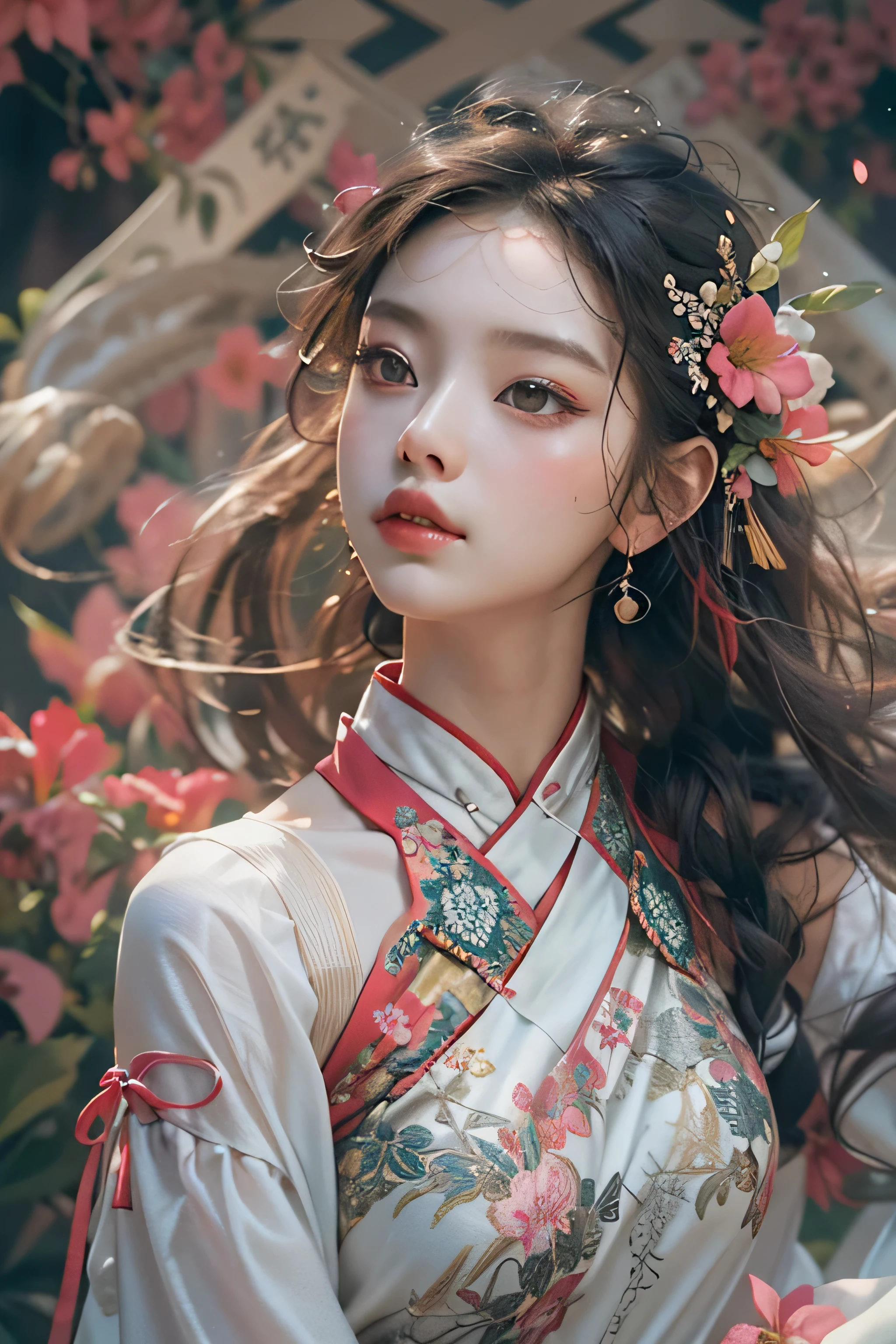 中峰Chinese, 1girl in, Solo, Hanfu, oud_Chinese_architecture, florals畑, florals, (White smoke:1.Phototriaritic:1.4), zEntangle, mandalas, Entangle, Official art, Unity 8k壁纸, ultra-detailliert, Beautiful and aesthetic, masutepiece,Best Quality, (Dynamic Angle:1.4), Glowing skin, (floating colorful sparkles:1) Most Beautiful Form of Chaos, Elegant, a brutalist designed, vivd colour, romantic depth of field exotic_dance,(off shoulders)