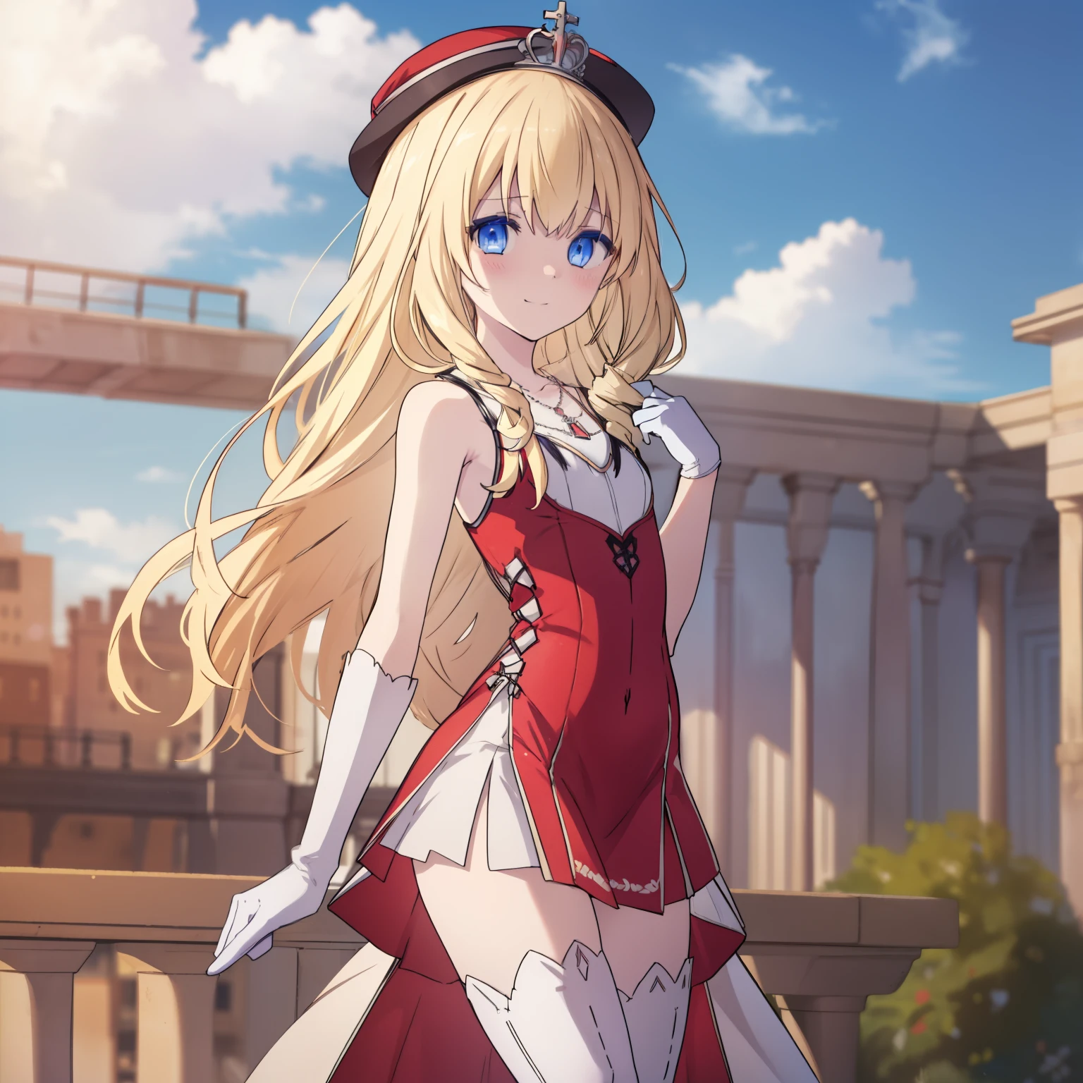 (1girl, solo), latifa fleuranza, blonde hair, drill hair, (blue eyes:1.5), long hair, very long hair, (small breast:1.2), (tiara, dress, gloves, hat, red gloves, sleeveless, sleeveless dress, thigh boots, dress, gloves, hat, red gloves, sleeveless, sleeveless dress, thigh boots, thighhighs, necklace,) looking at viewer, smile, blush, (fart, ass focus,) day, outdoors, sky, cloud, (masterpiece:1.2), best quality, high resolution, unity 8k wallpaper, (illustration:1.5), anime style, (beautiful detailed eyes:1.6), extremely detailed face, perfect lighting, extremely detailed CG, (perfect hands, perfect anatomy), (dynamic pose, dynamic angle:1.1),