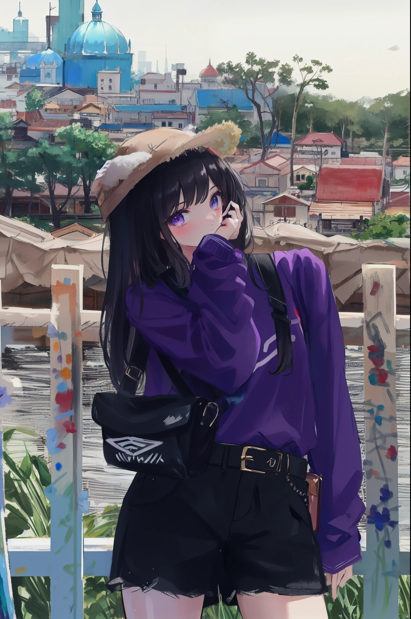 (painting:1.3), (blurry:1.3), (blurry drawing:1.3), araffe girl in a purple shirt and black shorts posing for a picture, ruan cute vtuber, profile pic, ulzzang, casual pose, lalisa manobal, bae suzy, anime thai girl, dressed with long fluent clothes, profile picture 1024px, purple outfit, background is heavenly, xintong chen