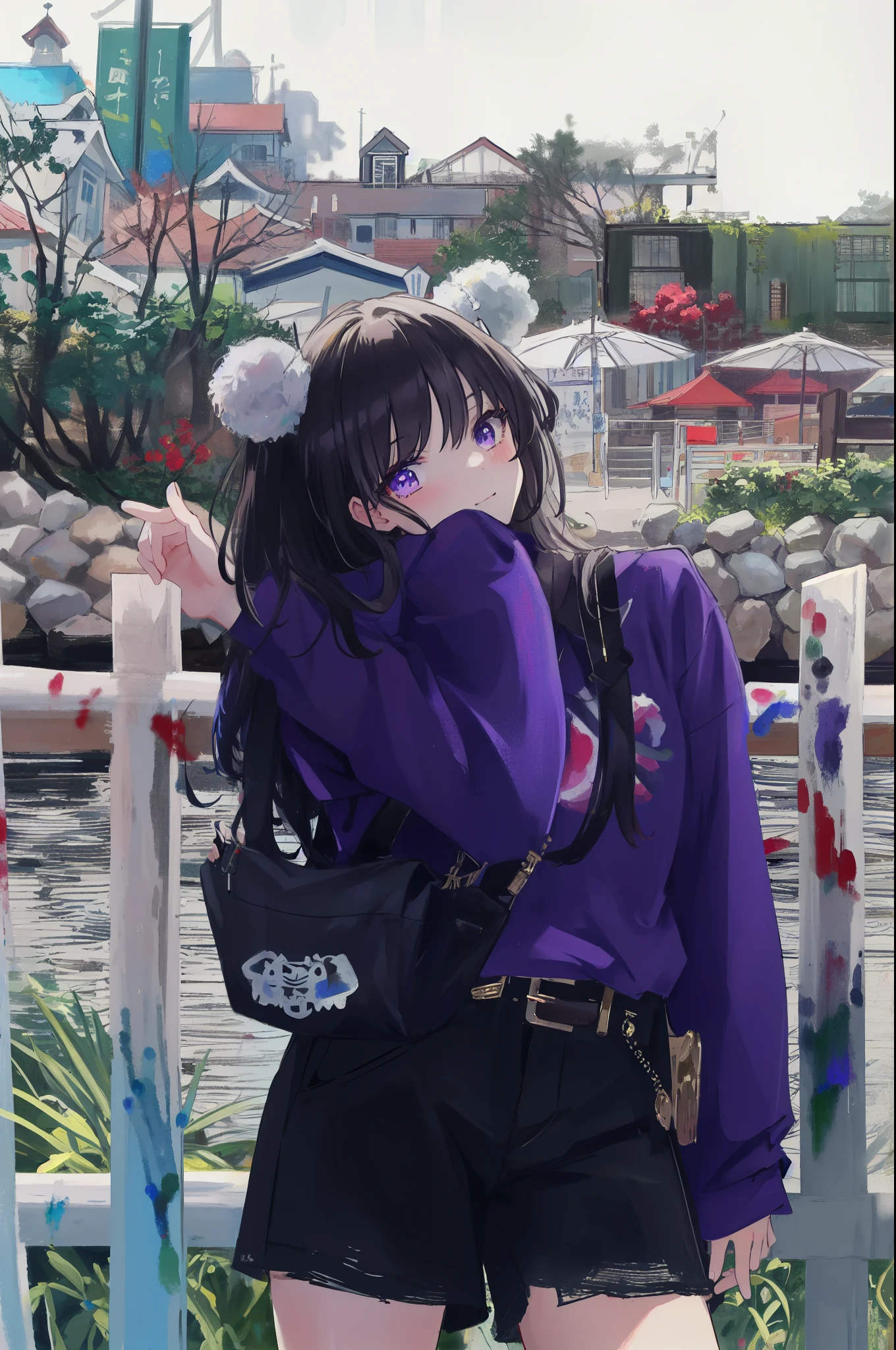 (painting:1.3), (blurry:1.3), (blurry drawing:1.3), araffe girl in a purple shirt and black shorts posing for a picture, ruan cute vtuber, profile pic, ulzzang, casual pose, lalisa manobal, bae suzy, anime thai girl, dressed with long fluent clothes, profile picture 1024px, purple outfit, background is heavenly, xintong chen