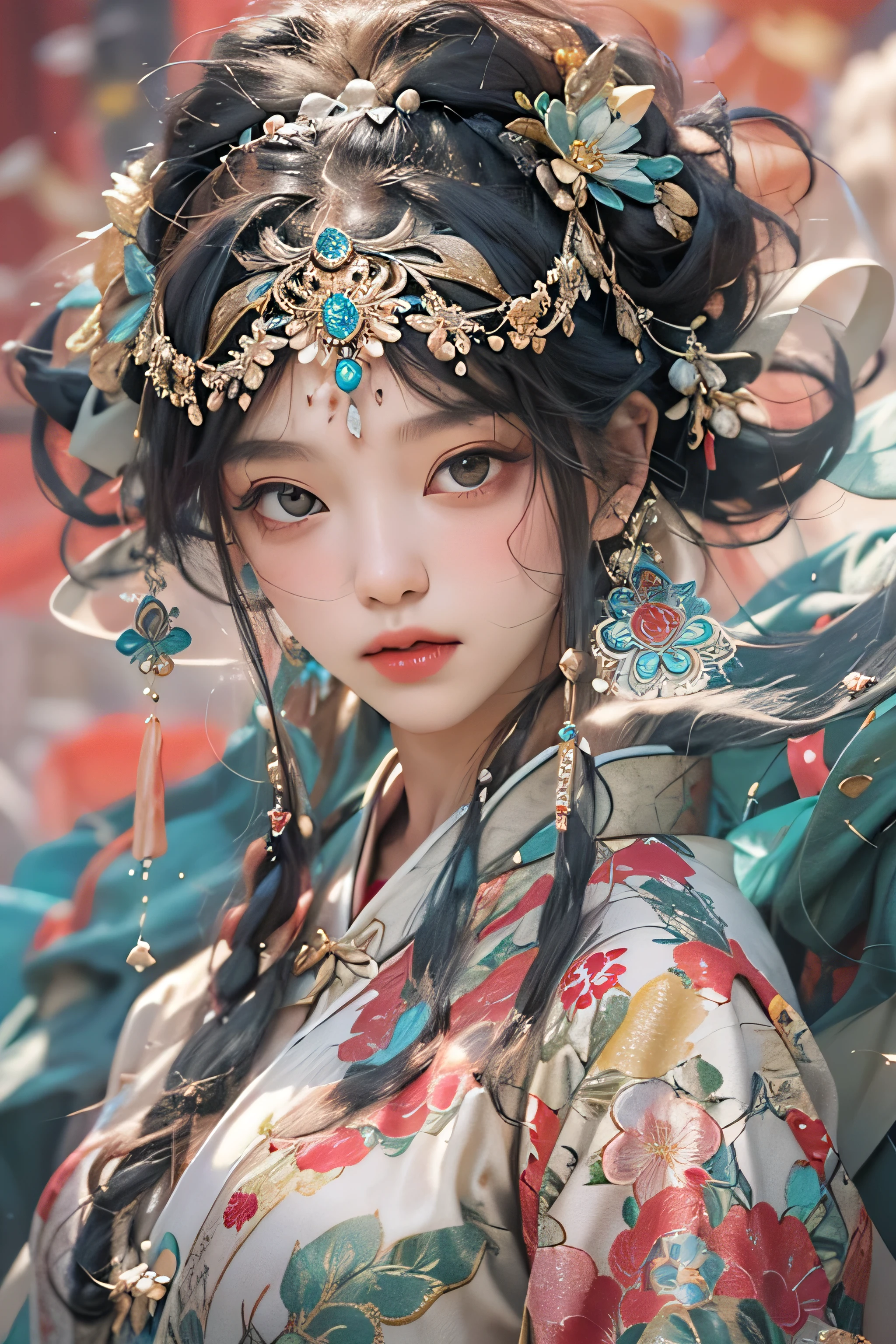 中峰Chinese, 1girl in, Solo, Hanfu, oud_Chinese_architecture, florals畑, florals, (White smoke:1.Phototriaritic:1.4), zEntangle, mandalas, Entangle, Official art, Unity 8k壁纸, ultra-detailliert, Beautiful and aesthetic, masutepiece,Best Quality, (Dynamic Angle:1.4), Glowing skin, (floating colorful sparkles:1) Most Beautiful Form of Chaos, Elegant, a brutalist designed, vivd colour, romantic depth of field exotic_dance