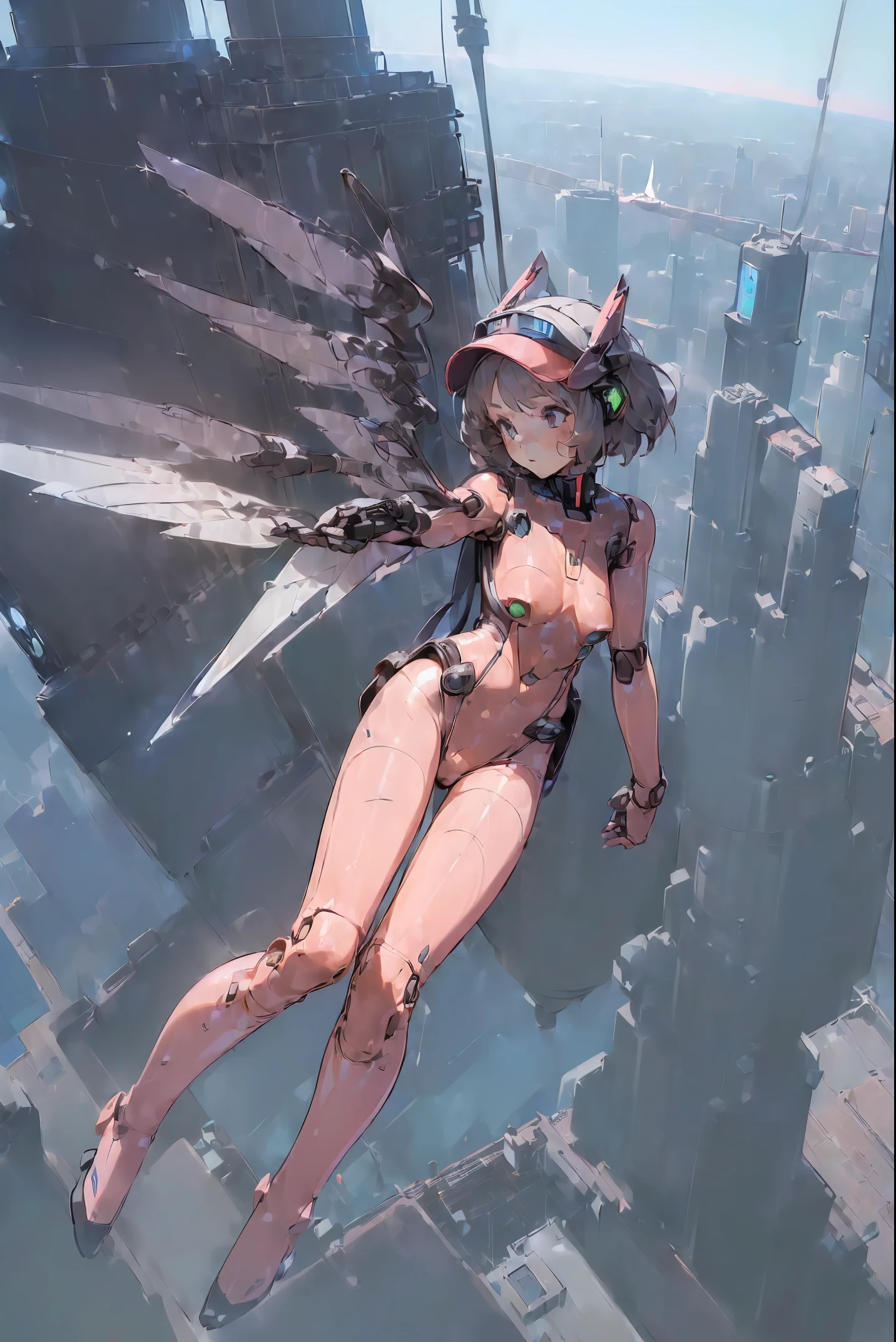 (((Girl in high-tech bodysuit flying over future city:1.5))), (future city:1.5)), visor, headgear, (small mecha wings:1.5)), mast piece, super detailed CG, super detailed details, 8K wallpaper, (perfect female figure:1.5))