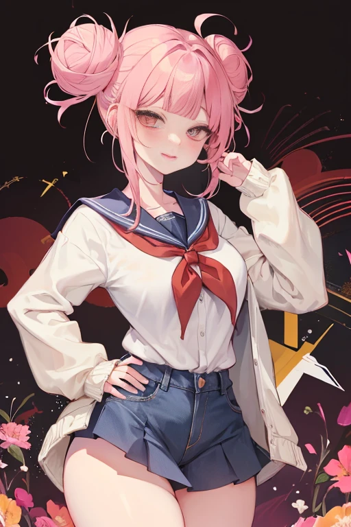 tmasterpiece、Need、1 female student、White cloth bun bun bun、Shoulder leakage、The chest is large、chubbiness、ssmile、upper legs,pale pink lip、posing at school,legs are open, 独奏,Denim dress looking at the viewer, (upper legs粗:1.0),Yazawa Nico,red eyes, face flushed,Blunt hair,both hands on hip,greet,Flower headdress,