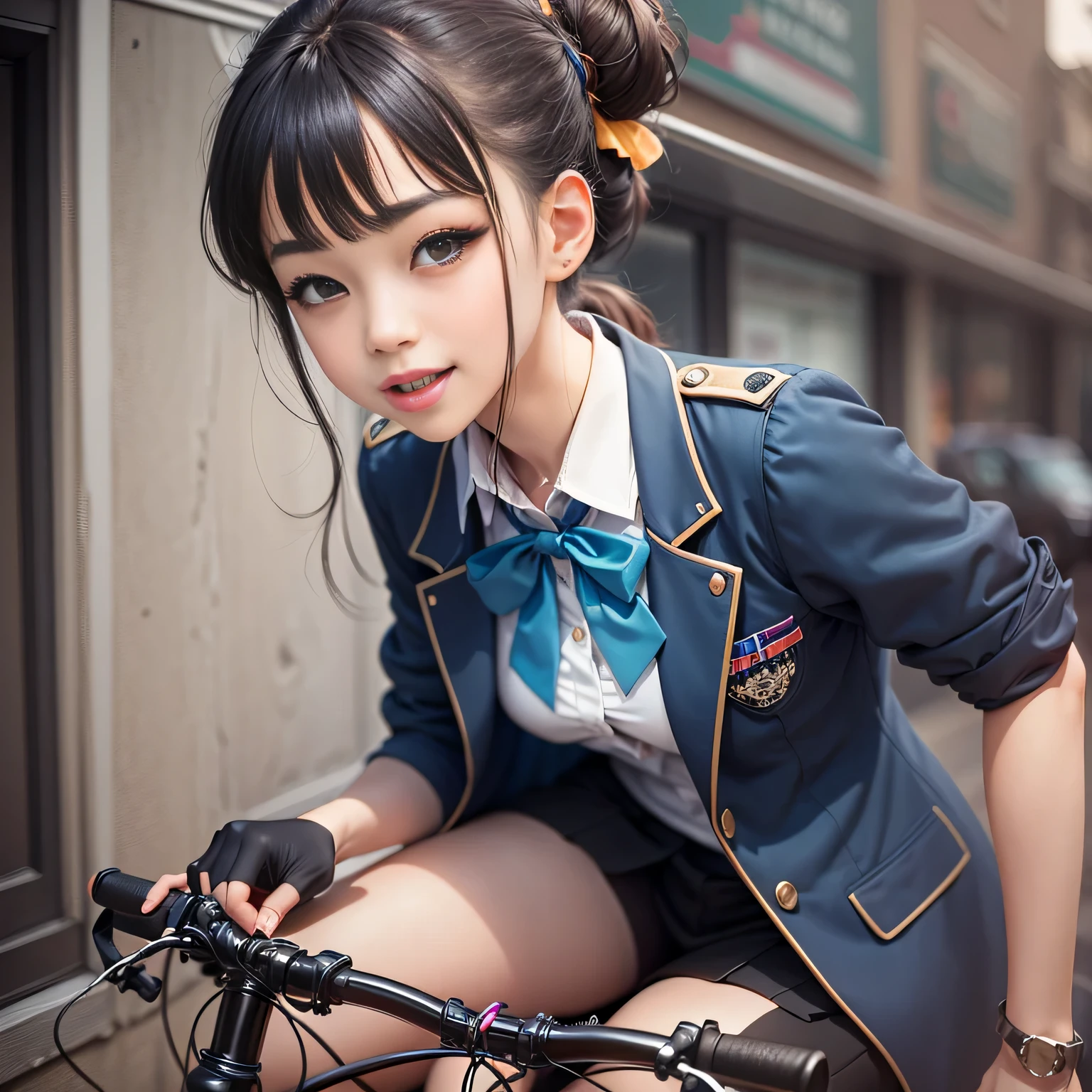 （countryside view）((Bike commuting)),((Female student riding a silver metallic bicycle)),Brown hair, Black hair, braid, Bangs, Blunt bangs, braided ponytails, hair over shoulder, Long hair, Ponytail, braided bun, hair one side up, Low ponytail, Hairpin, shairband, bow ribbon, hair scrunchie, 白いshairband, Head Leasing, aqua eyes, wide eyes, PUPILS SPARKLING, wide eyed, makeup, Open mouth, Smile, lightsmile, Parted lips, smiley, glint, Ashcan School, surrealism, One-person viewpoint, Sideways,（ Wide Angle/1.8, １35 mm, canon, nffsw, retinas, masutepiece, ccurate, Anatomically correct, Textured skin, Super Detail, high details, High quality, Best Quality, hight resolution, （1080p）, hard disk, 4K, 8K、Short sleeve、White blouses、Dark blue edging、Collar shirt、bow ribbonタイ、Knee-length skirt、Skirt with folds、Navy Inspire、Nauticle Color、（Japanese schoolgirl outfit）、Blazer style uniform、