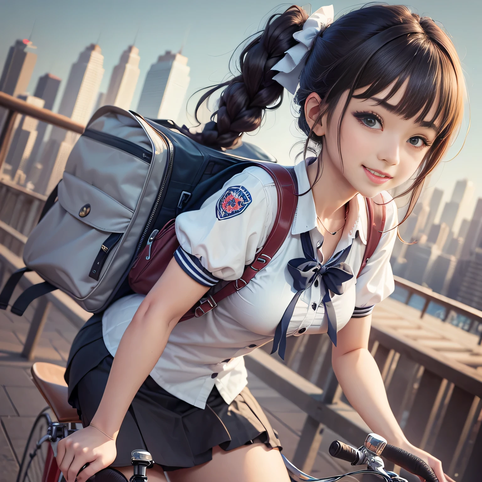 (countryside view)((Bike commuting)),((Female student riding a silver metallic bicycle)),Brown hair, Black hair, braid, Bangs, Blunt bangs, braided ponytails, hair over shoulder, Long hair, Ponytail, braided bun, hair one side up, Low ponytail, Hairpin, shairband, bow ribbon, hair scrunchie, 白いshairband, Head Leasing, aqua eyes, wide eyes, PUPILS SPARKLING, wide eyed, makeup, Open mouth, Smile, lightsmile, Parted lips, smiley, glint, Ashcan School, surrealism, One-person viewpoint, Sideways,( Wide Angle/1.8, 135 mm, canon, nffsw, retinas, masutepiece, ccurate, Anatomically correct, Textured skin, Super Detail, high details, High quality, Best Quality, hight resolution, (1080p), hard disk, 4K, 8K、Short sleeve、White blouses、Dark blue edging、Collar shirt、bow ribbonタイ、Knee-length skirt、Skirt with folds、Navy Inspire、Nauticle Color、(Japanese schoolgirl outfit)、Blazer style uniform、