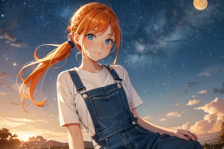 Tomboy girl, blue eyes, orange hair, small breasts, blue overalls, white undershirt, long braided ponytail, large white bow at base of ponytail, no bangs, bangs pulled back, freckles, large white bow in hair, inspired by Ann from Harvest Moon, gorgeous, too pretty, looking at large yellow moon in the starry night sky