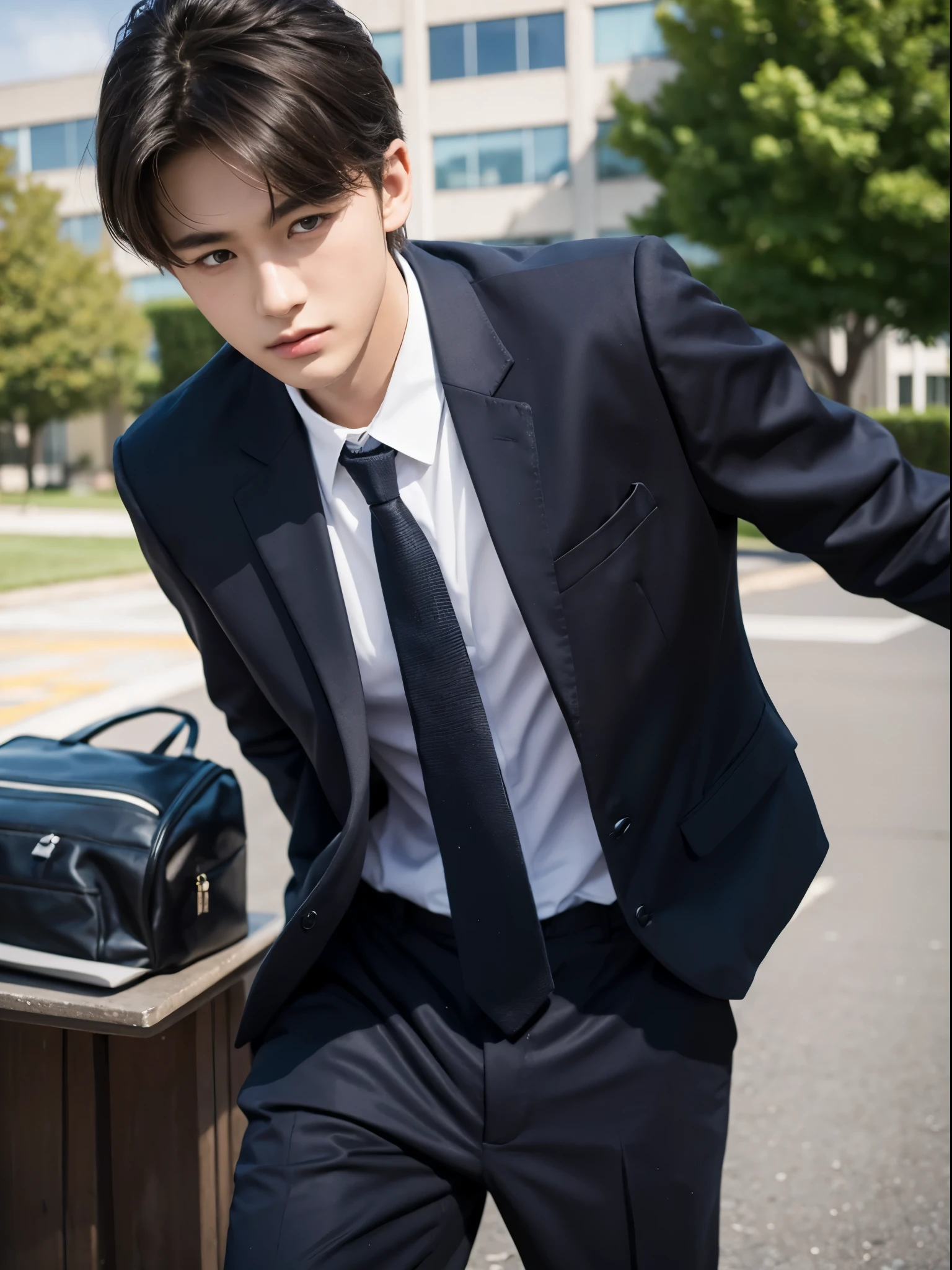 boy, 17 y.o, handsome, suit, tie, school field
