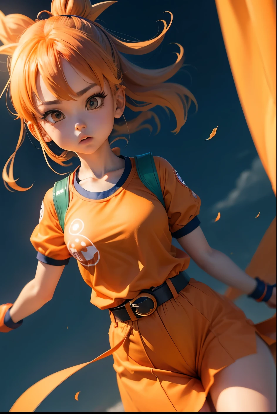 cute girl, She wears Goku's outfit from Dragon Ball, Dragon Ball, Dragon Balls, Orange clothing with short sleeves, blue belt, fly in the air
