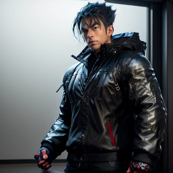 A photography realistic [ Jin kazama ], standing with action, hdr（HighDynamicRange）,Ray traching,NVIDIA RTX,Hyper-Resolution,Unreal 5,Subsurface scattering、PBR Texture、post-proces、Anisotropy Filtering、depth of fields、maximum definition and sharpness、Many-Layer Textures、、Surface coloring、Accurate simulation octane rendering of light-material interactions、Two-colored light、largeaperture、Low ISO、White balance、the rule of thirds、8K raw data,  hyper realistic