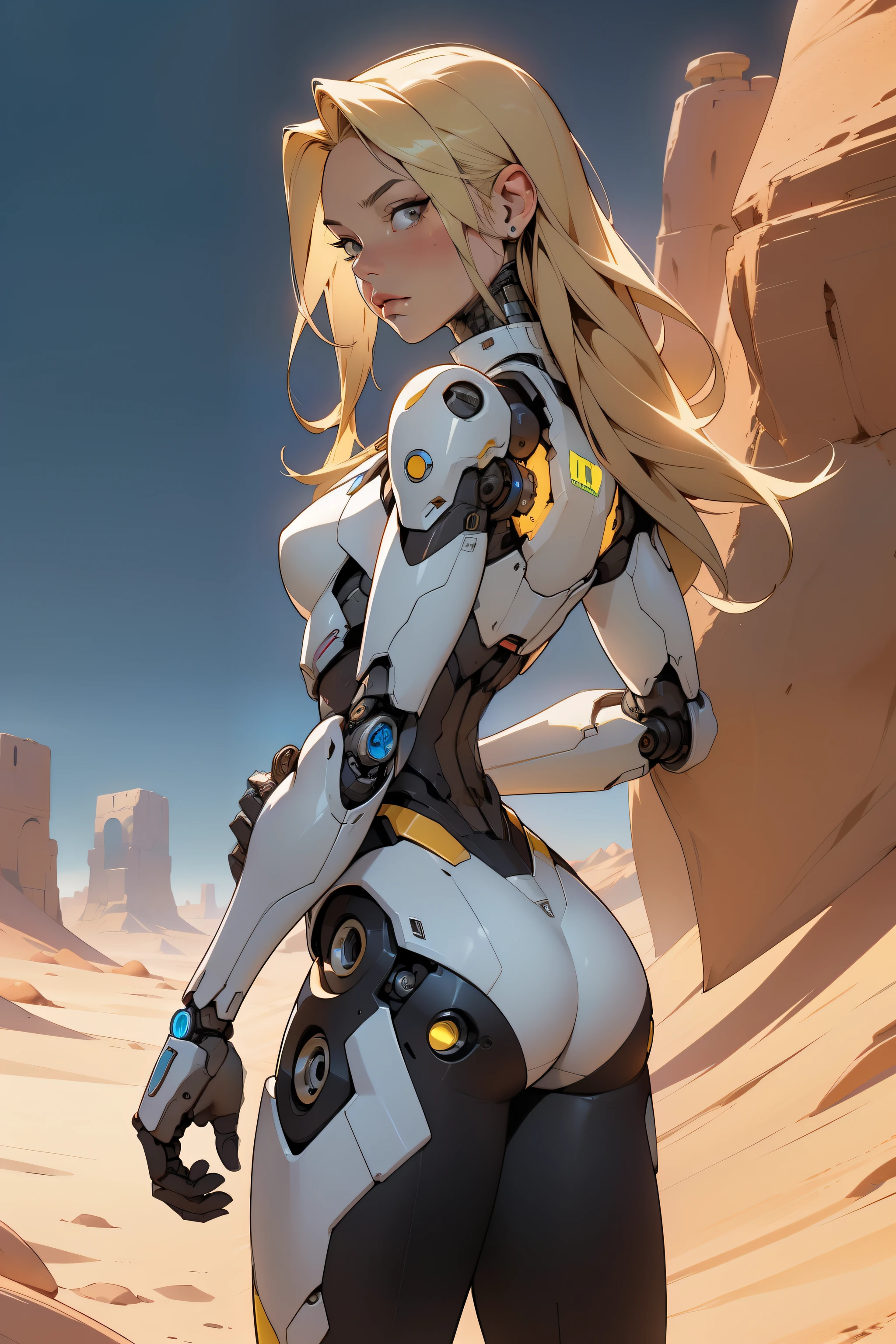 high quality, 4k, masterpiece, beautiful, cyborg girl, cowboy shot, dull eyes, back side, turning around to look at viewer, long blonde hair, girl, small breasts, fit thigh, robotic arms, robotic body, cyborg body, yellow accent, redaccent, intricate detail, joint, detailed lines, robotic detail, holding fist up, holding hand up as fist, color robotic parts, robotic parts with color, perfect fingers, on a desert planet, sunny background, colorful desert,