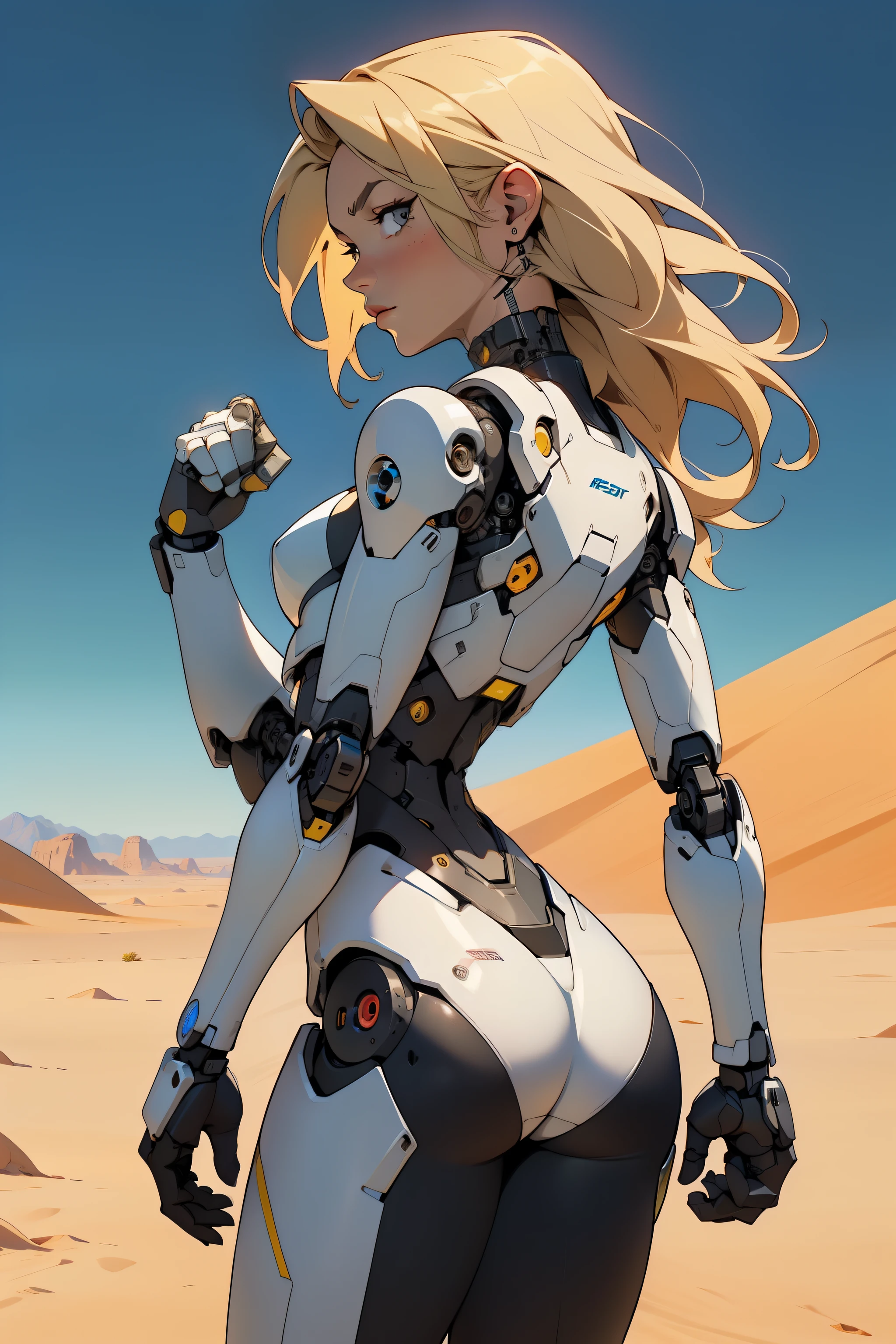 high quality, 4k, masterpiece, beautiful, cyborg girl, cowboy shot, dull eyes, back side, turning around to look at viewer, long blonde hair, girl, small breasts, fit thigh, robotic arms, robotic body, cyborg body, yellow accent, redaccent, intricate detail, joint, detailed lines, robotic detail, holding fist up, holding hand up as fist, color robotic parts, robotic parts with color, perfect fingers, on a desert planet, sunny background, colorful desert,